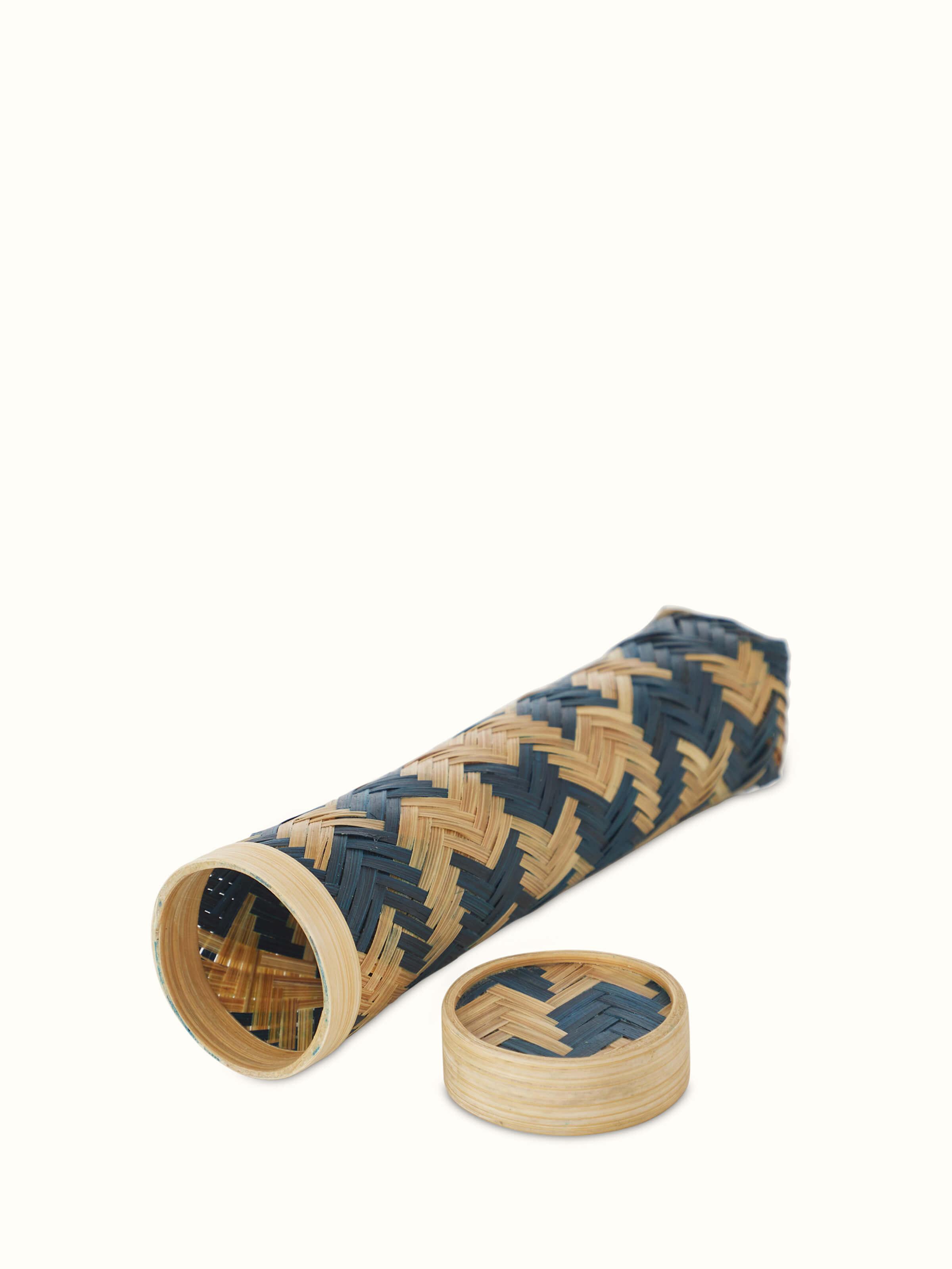 Angled view of a blue bamboo stationery box, emphasizing its elegant design and color.