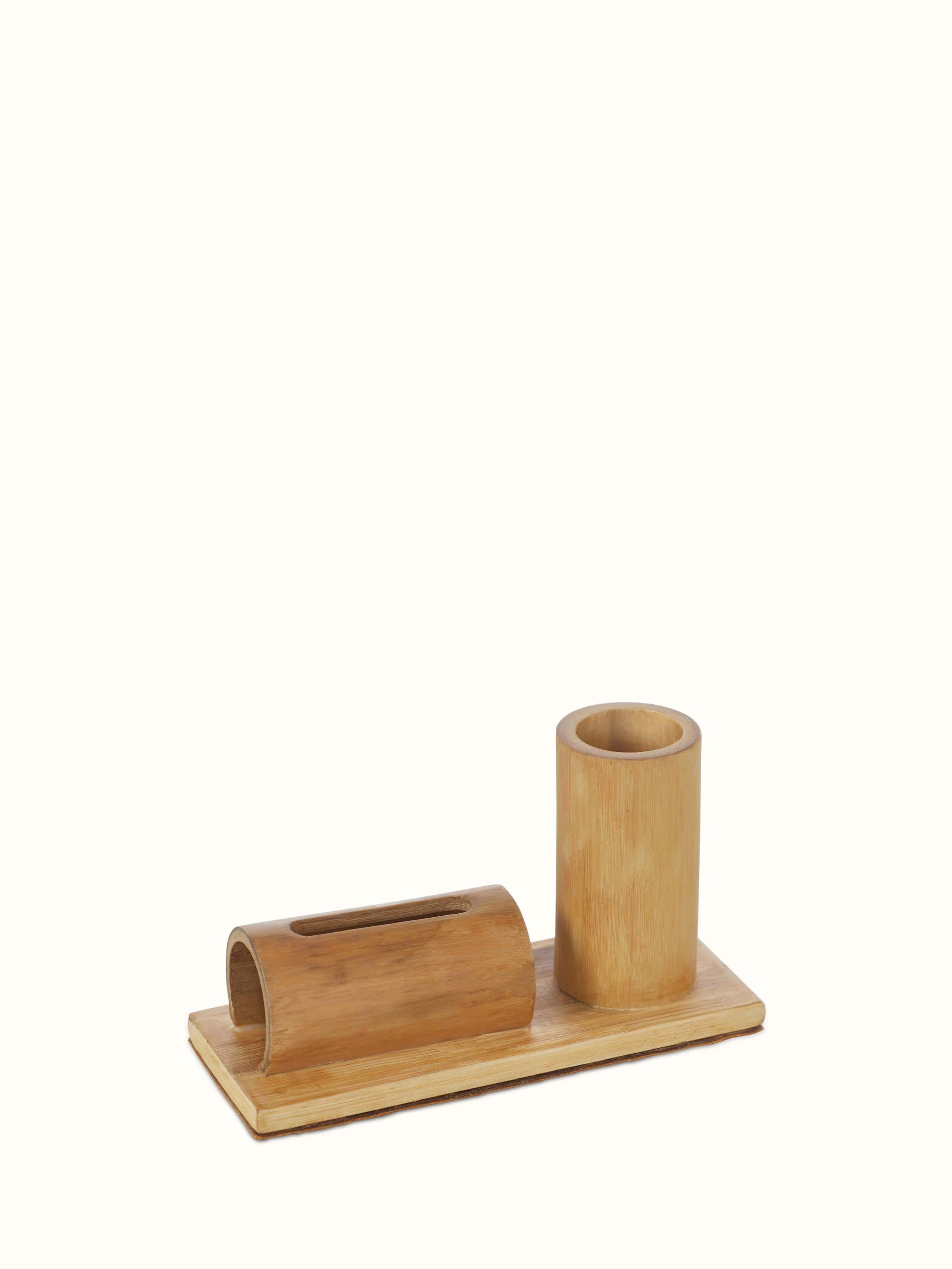 Front view of bamboo buffet pen and card holder in brown showcasing its elegant design and finish