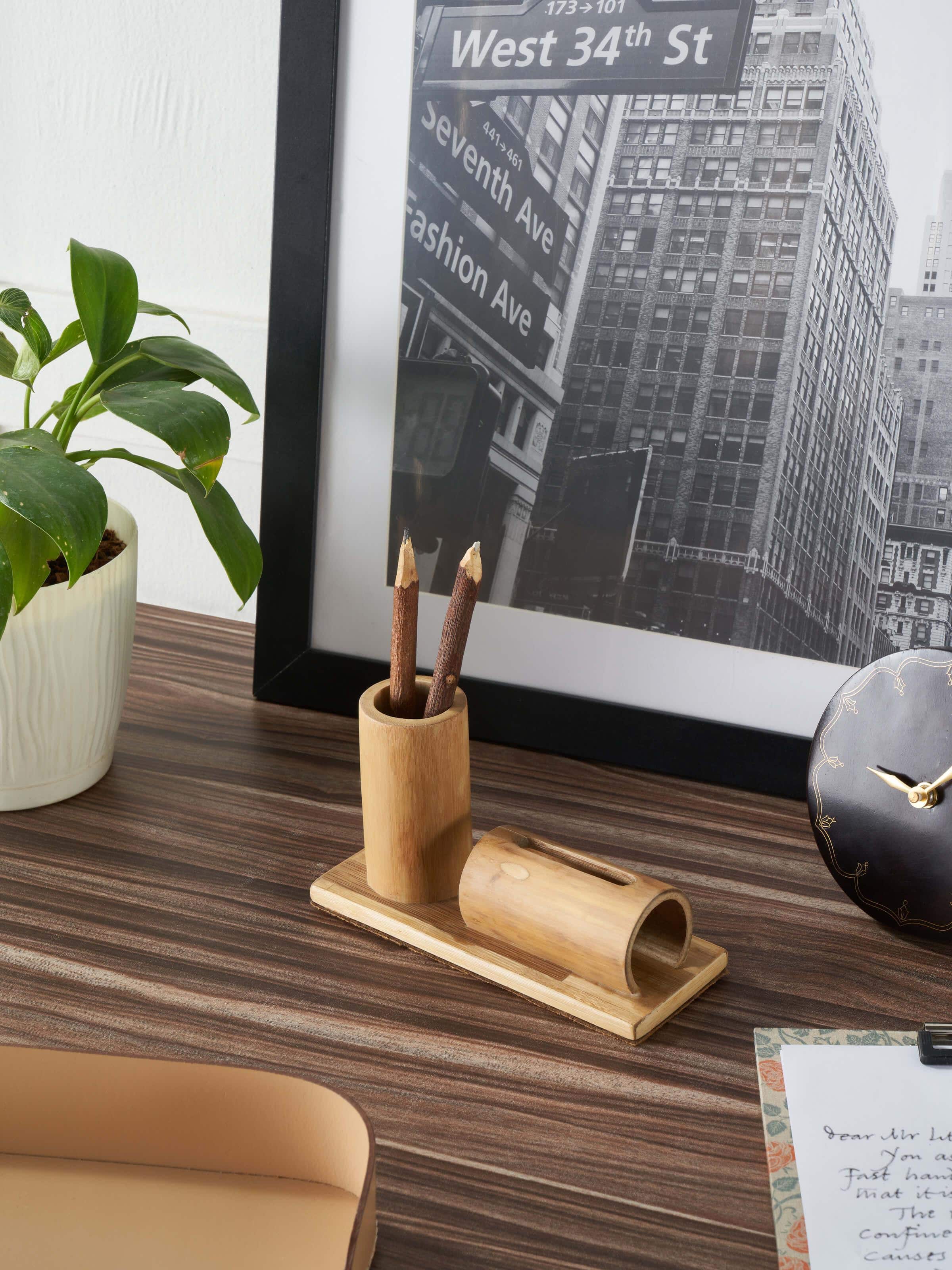 Side view of bamboo buffet pen and card holder showing detailed craftsmanship and practical design