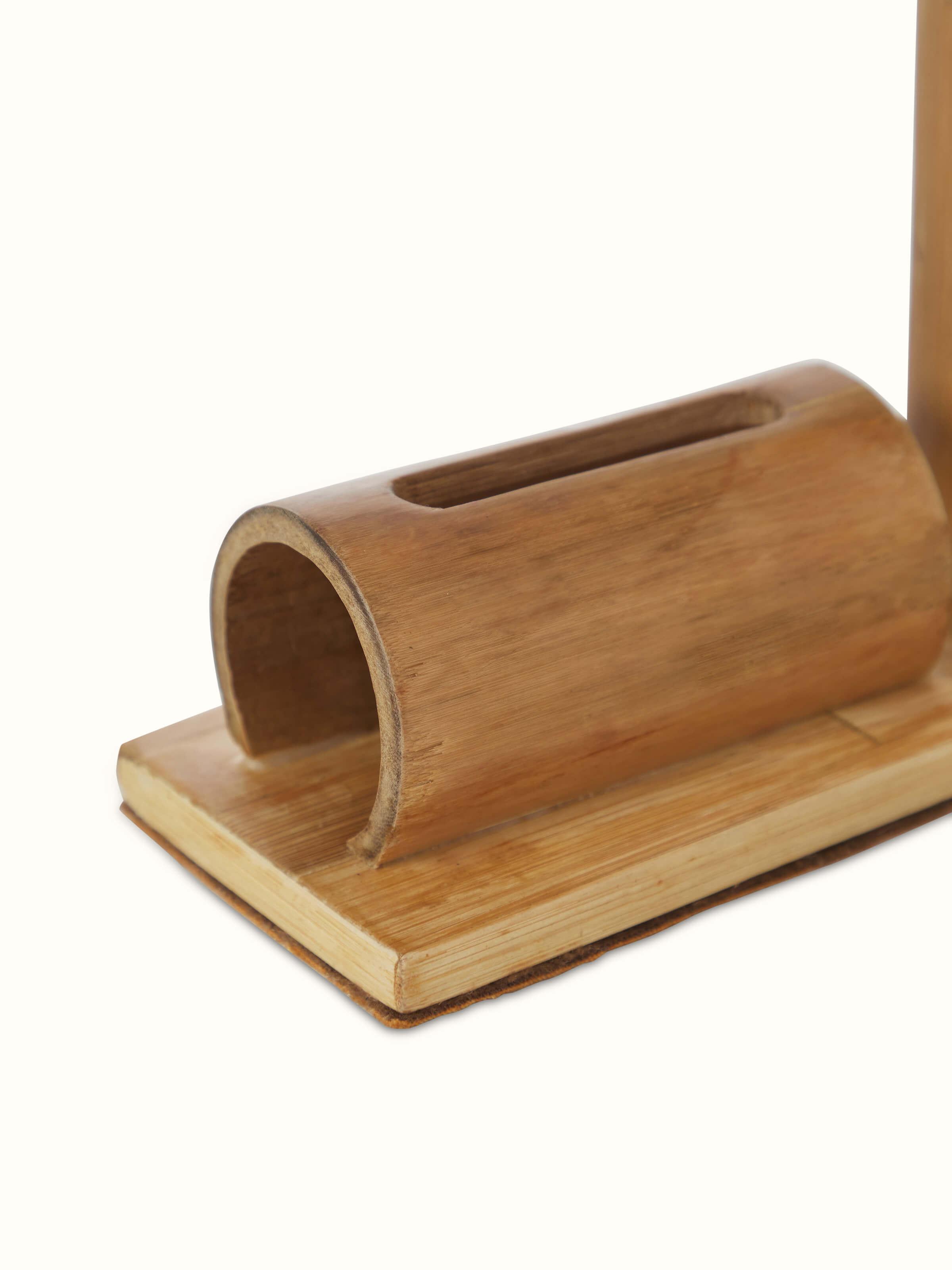 Back view of bamboo buffet pen and card holder emphasizing its quality material and design features