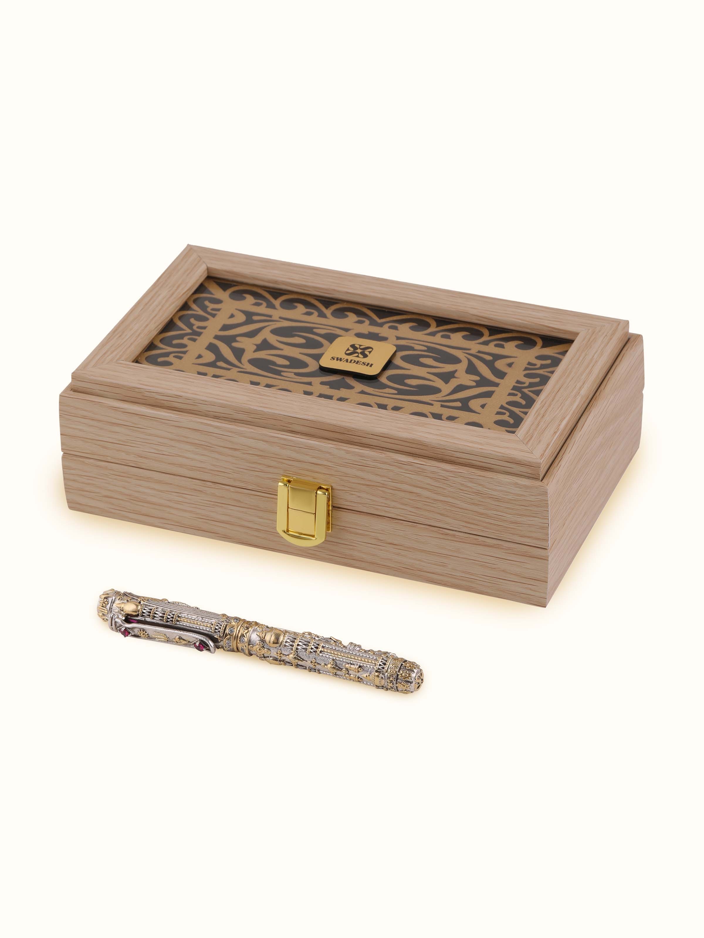 Front view of Lord Balaji Silver Smithing Pen highlighting its fine silver work and artistic design.