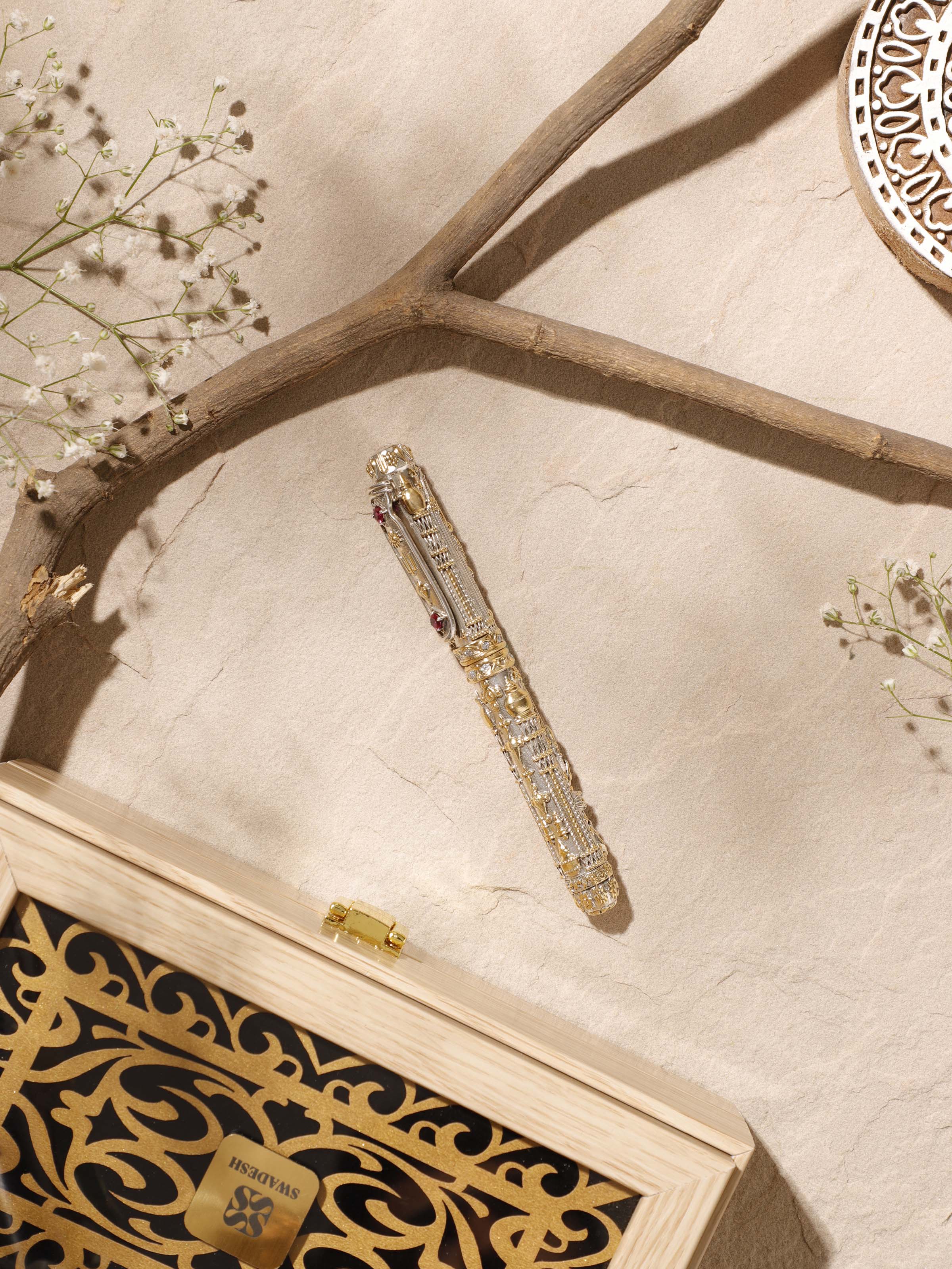 Detailed view of Lord Balaji Silver Smithing Pen showcasing its fine silver texture and design.