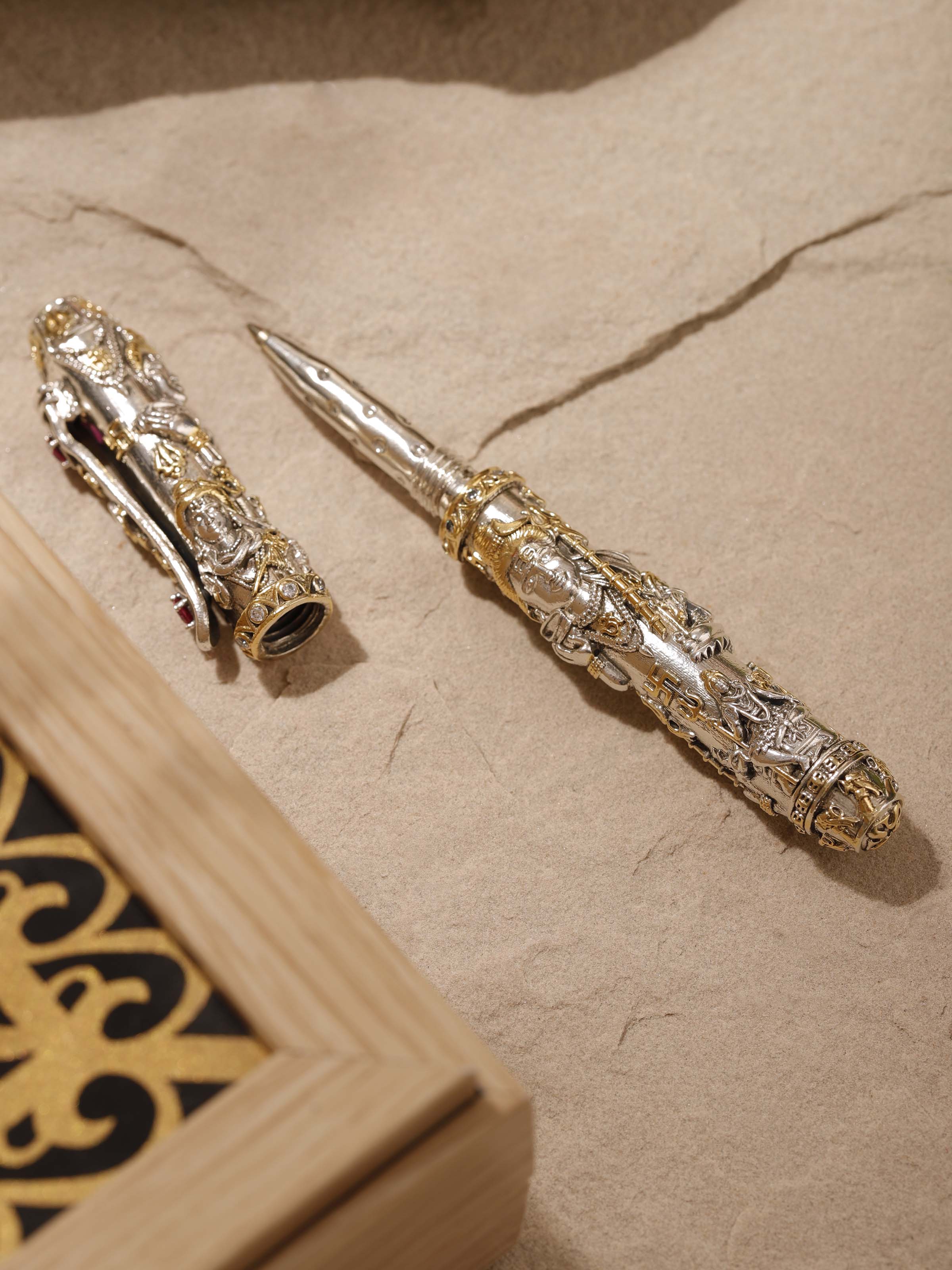 Detailed shot of Lord Shiva Silver Smithing Pen emphasizing fine details
