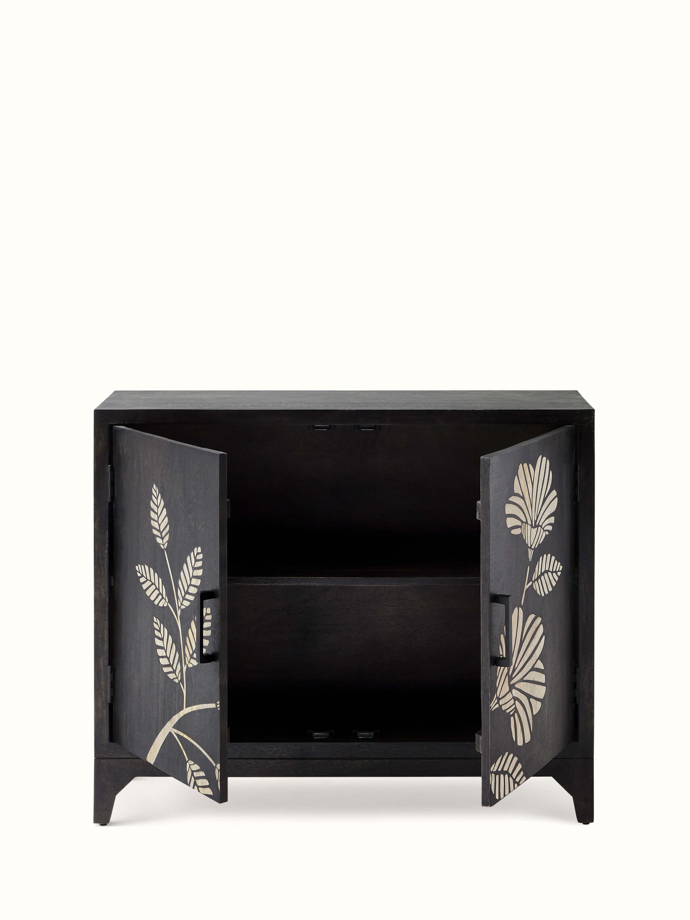 Detailed view of Sand etched mango wood sideboard’s wood finish and etching, highlighting the texture and design