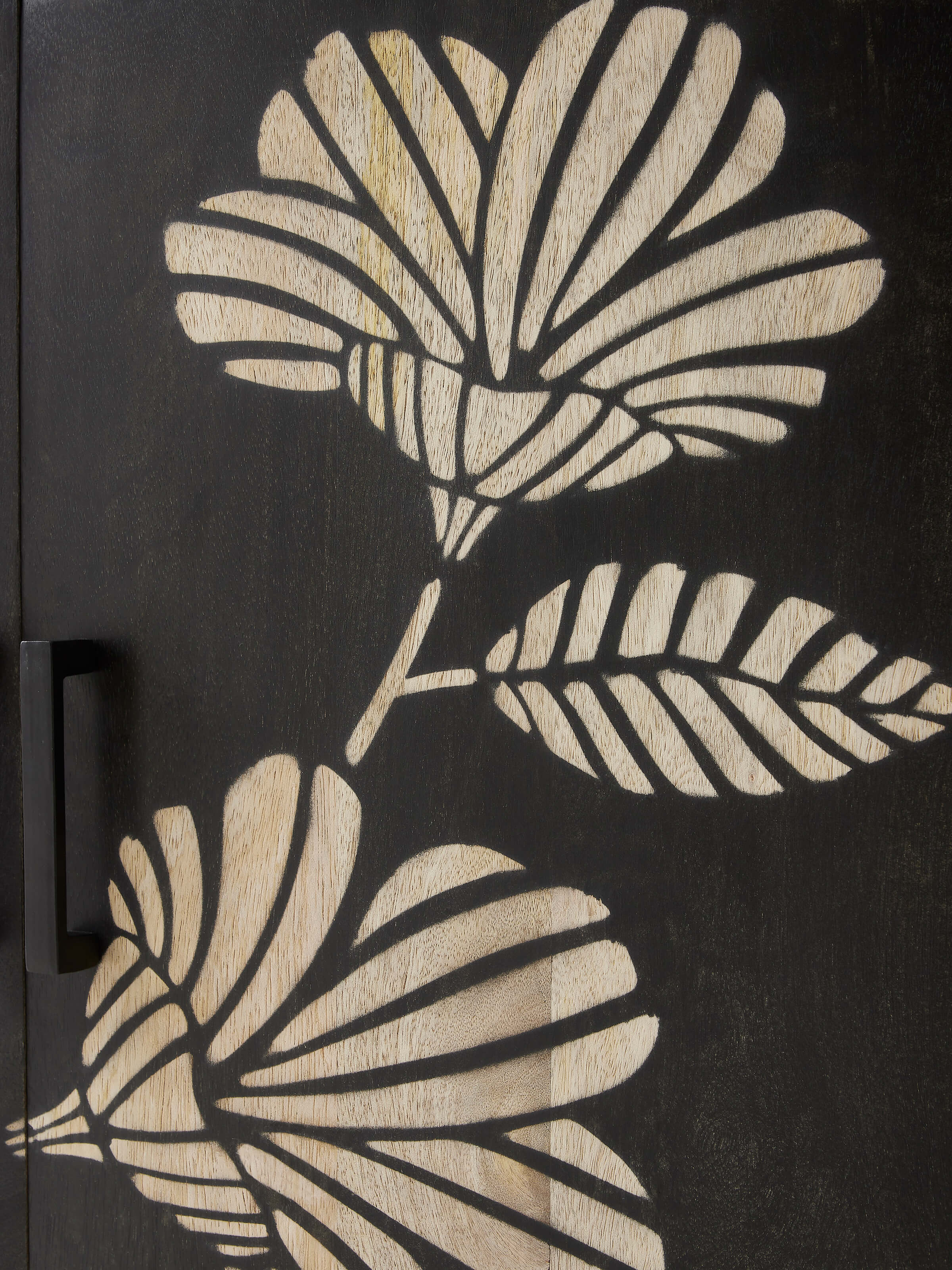 Back view of Sand etched mango wood sideboard highlighting the craftsmanship and finish details