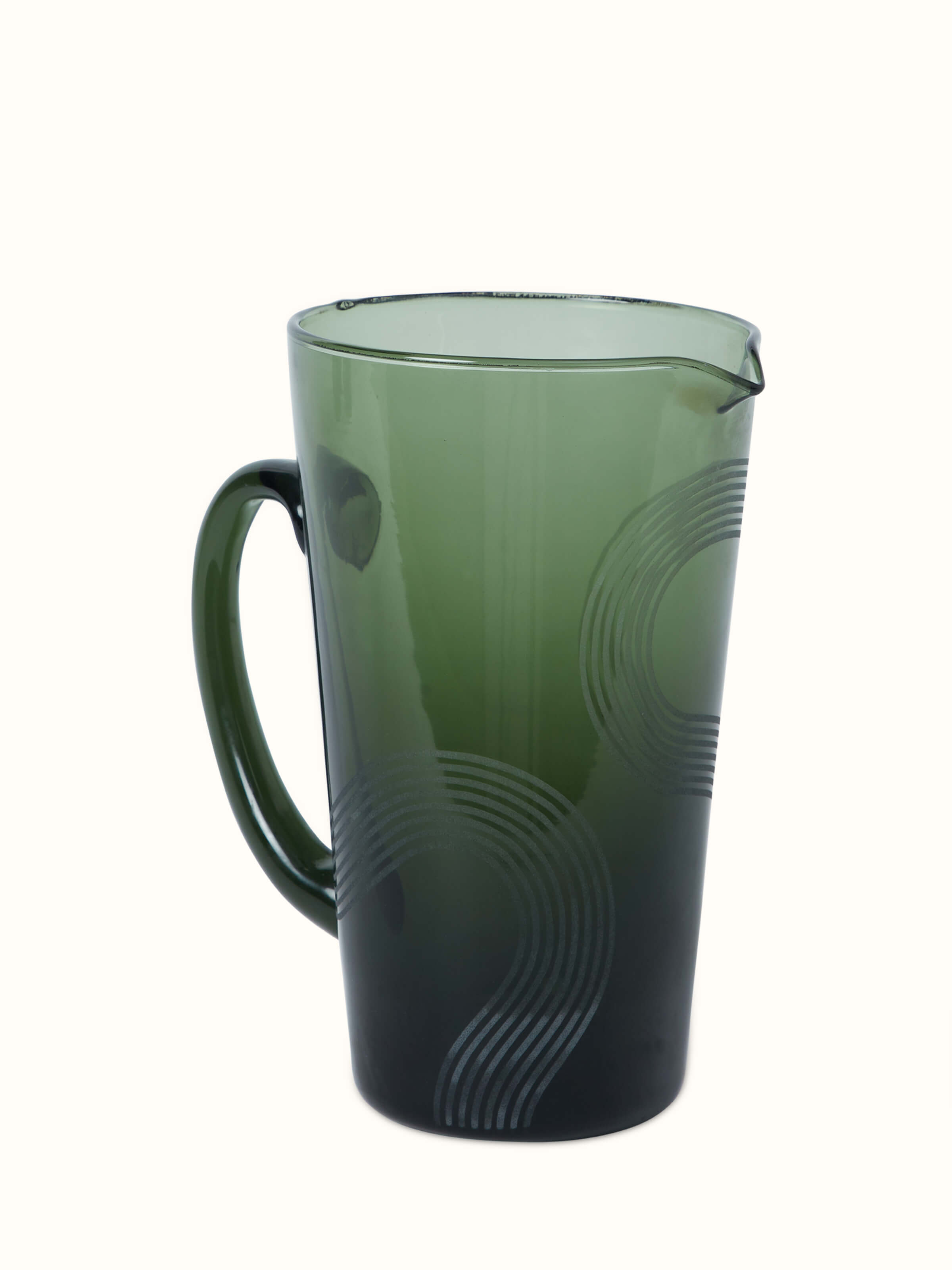 Front view of Firozabadi Glass Pitcher in Green, showcasing its elegant design and vibrant color