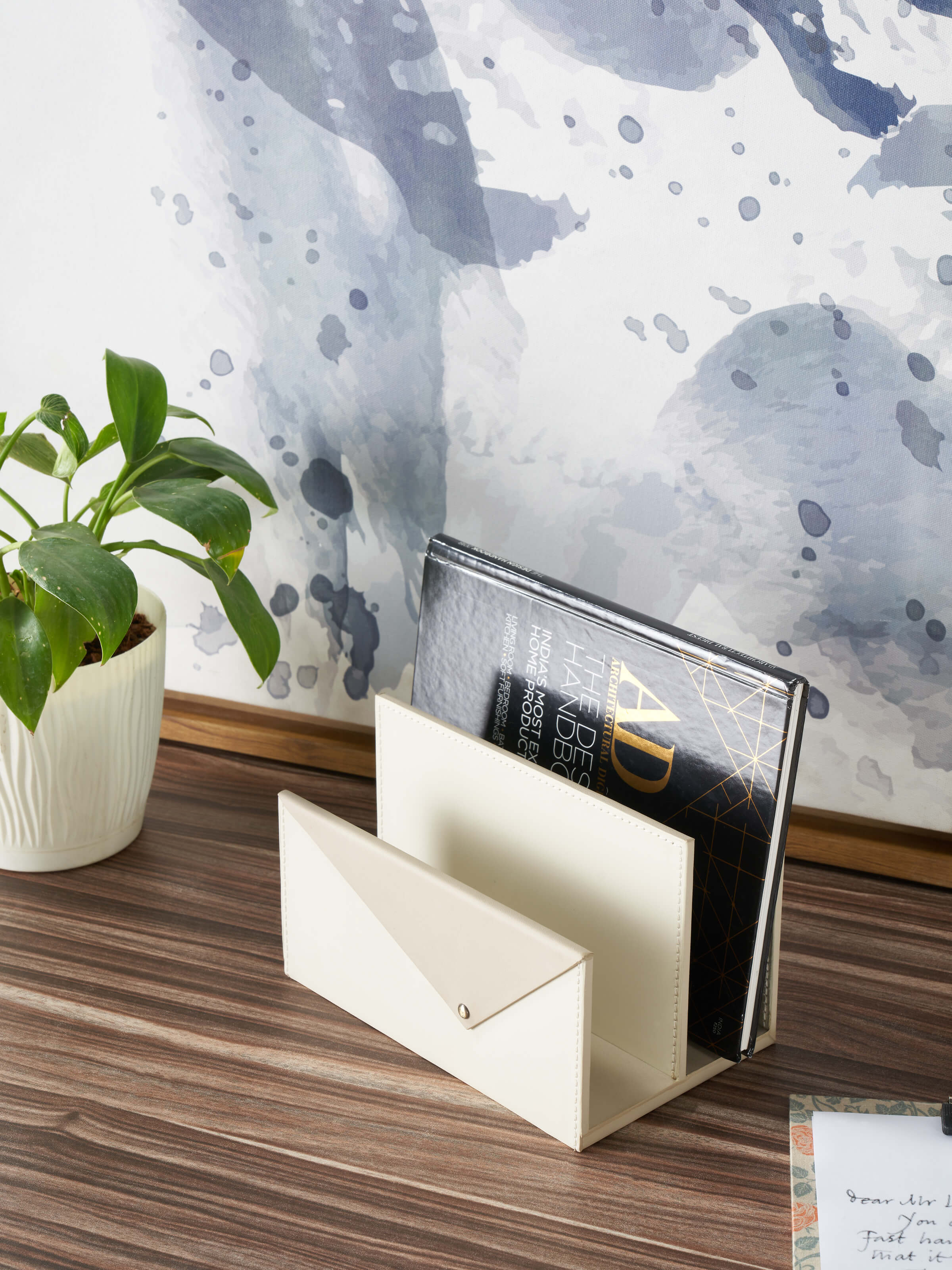 Side view of Leather Letter Rack highlighting the sleek design and high-quality leather.