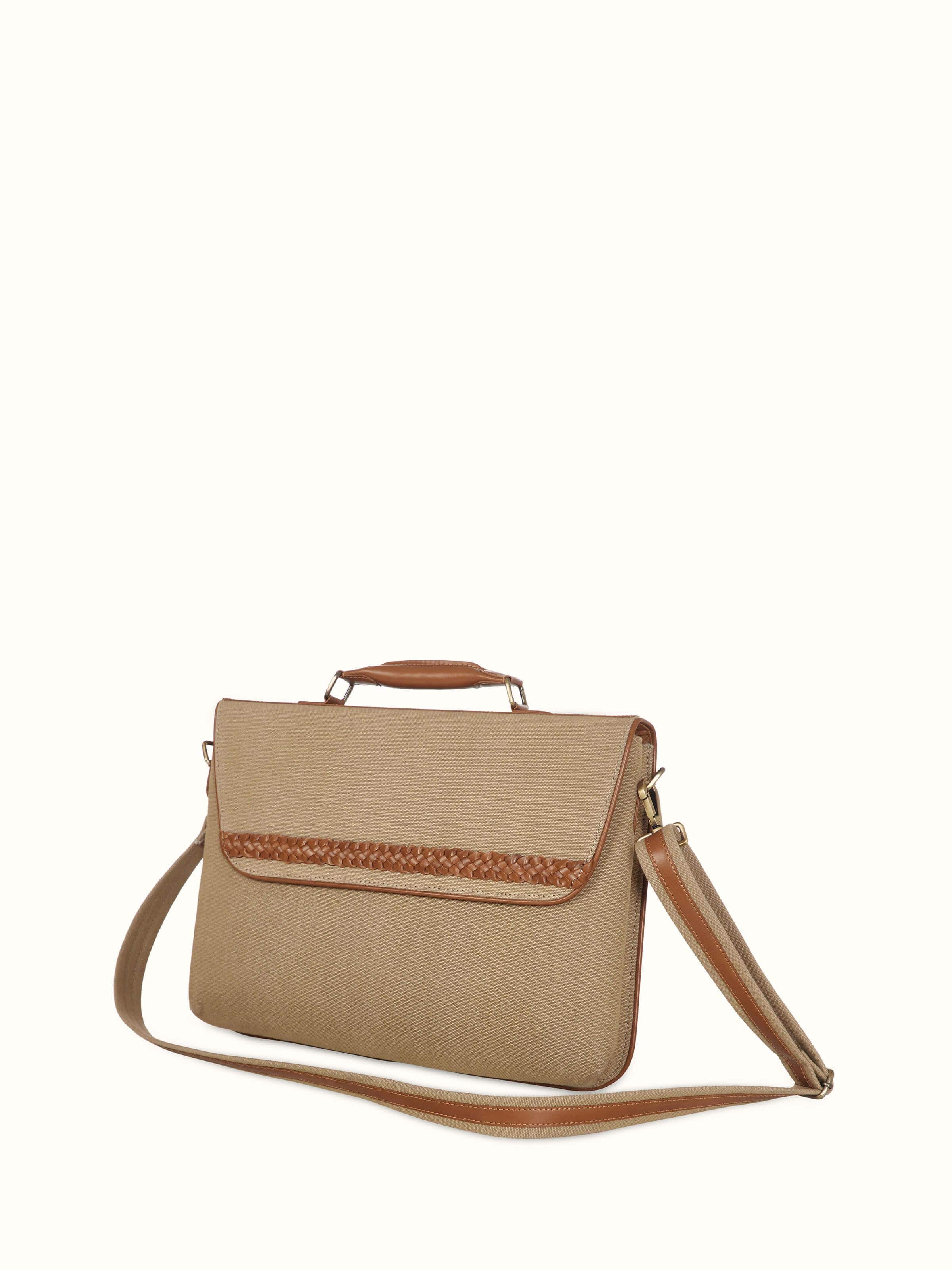 Front view of Leather laptop bag highlighting its sleek design and premium leather texture.