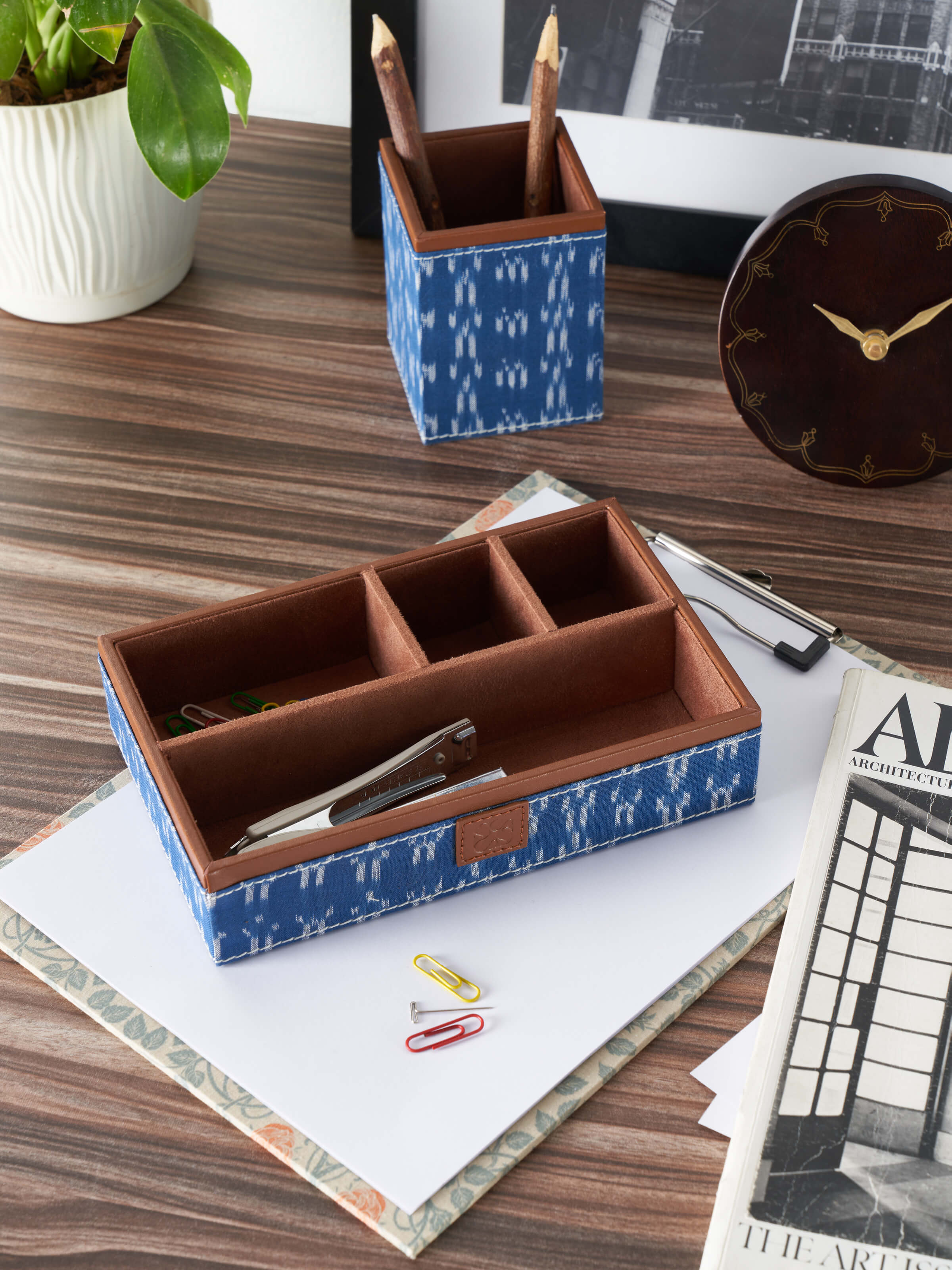 Side view of Leather Desk Organiser in Blue showcasing its sleek and professional design.