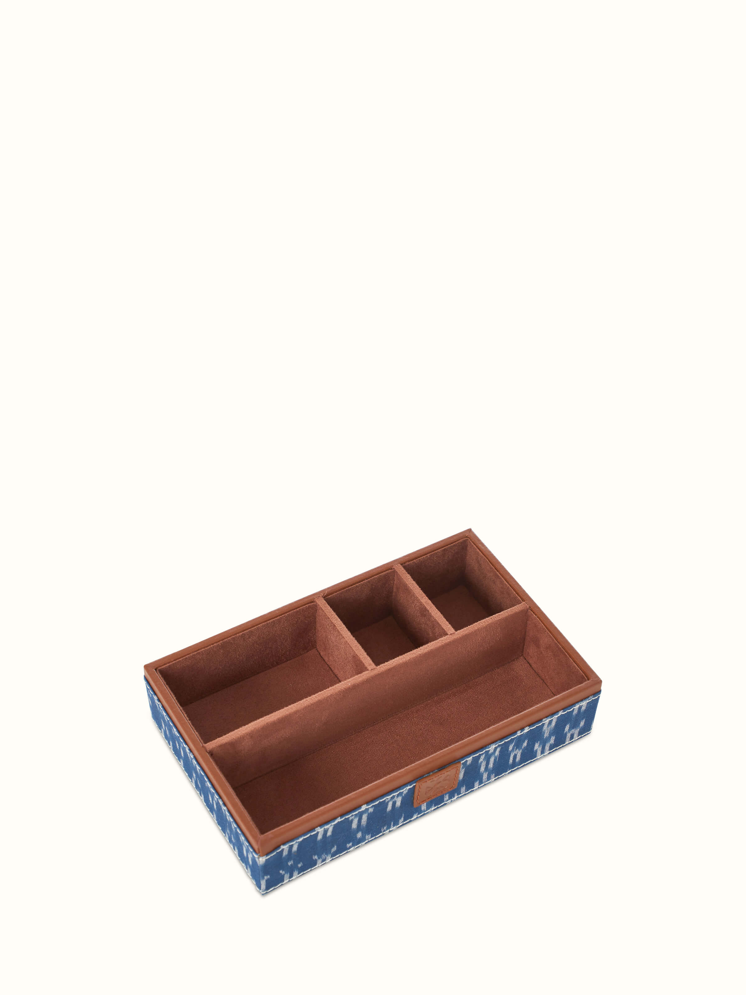 Close-up view of Leather Desk Organiser in Blue highlighting the leather texture and stitching.