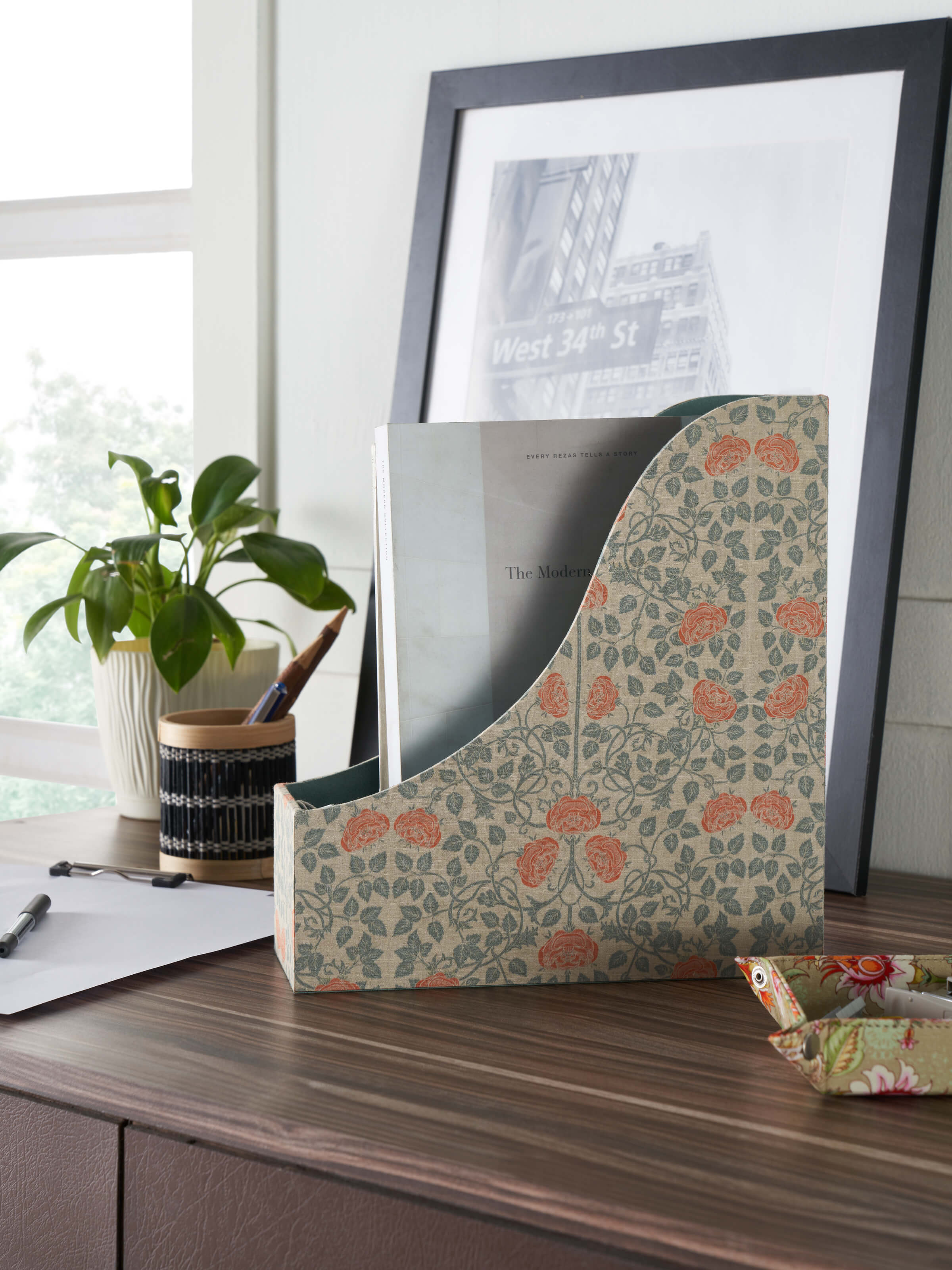 Side view of Leather File Holder in Grey, showing the sturdy construction and elegant finish