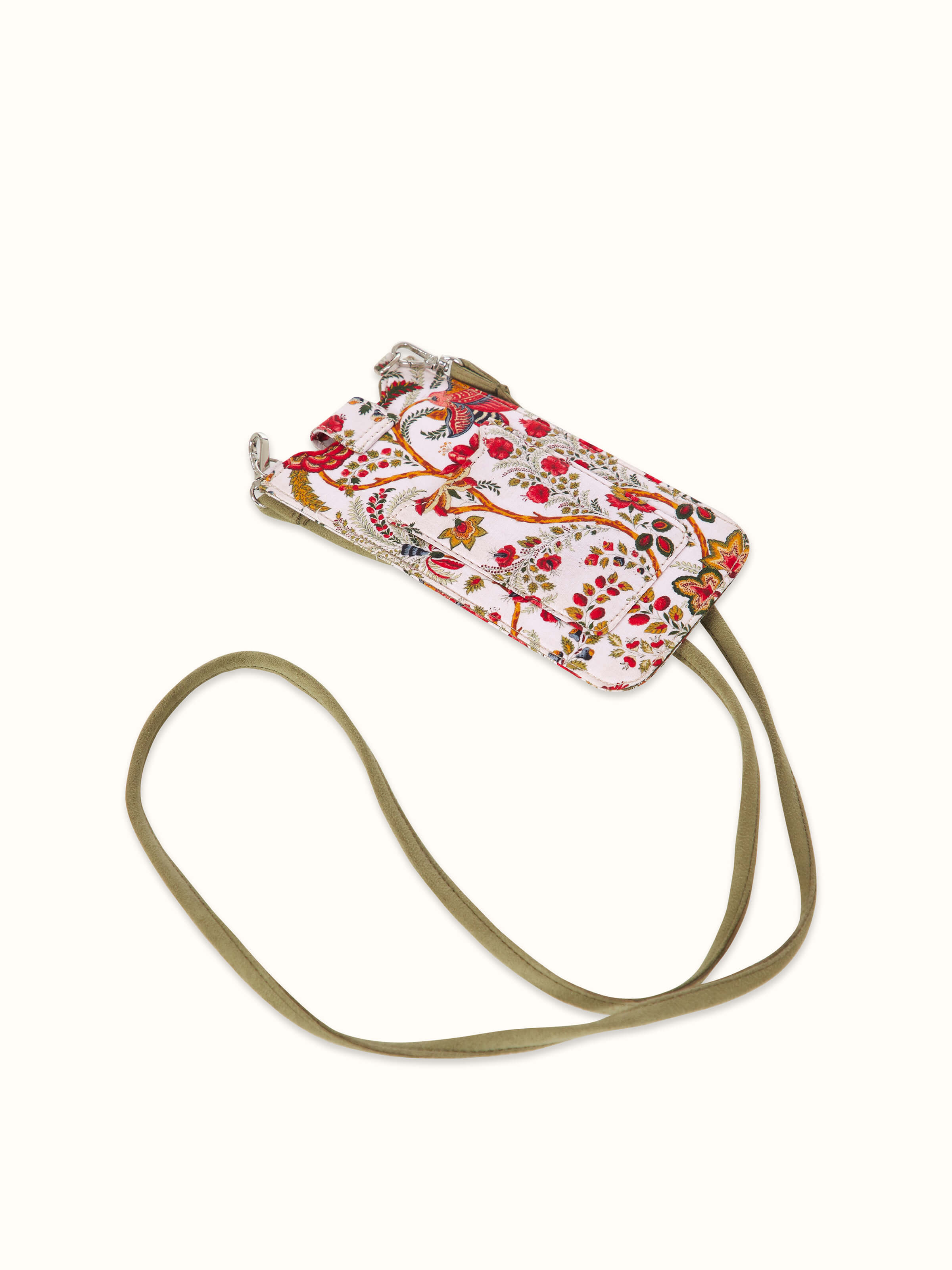 Close-up of red leather mobile case showing the texture and color of the leather material.