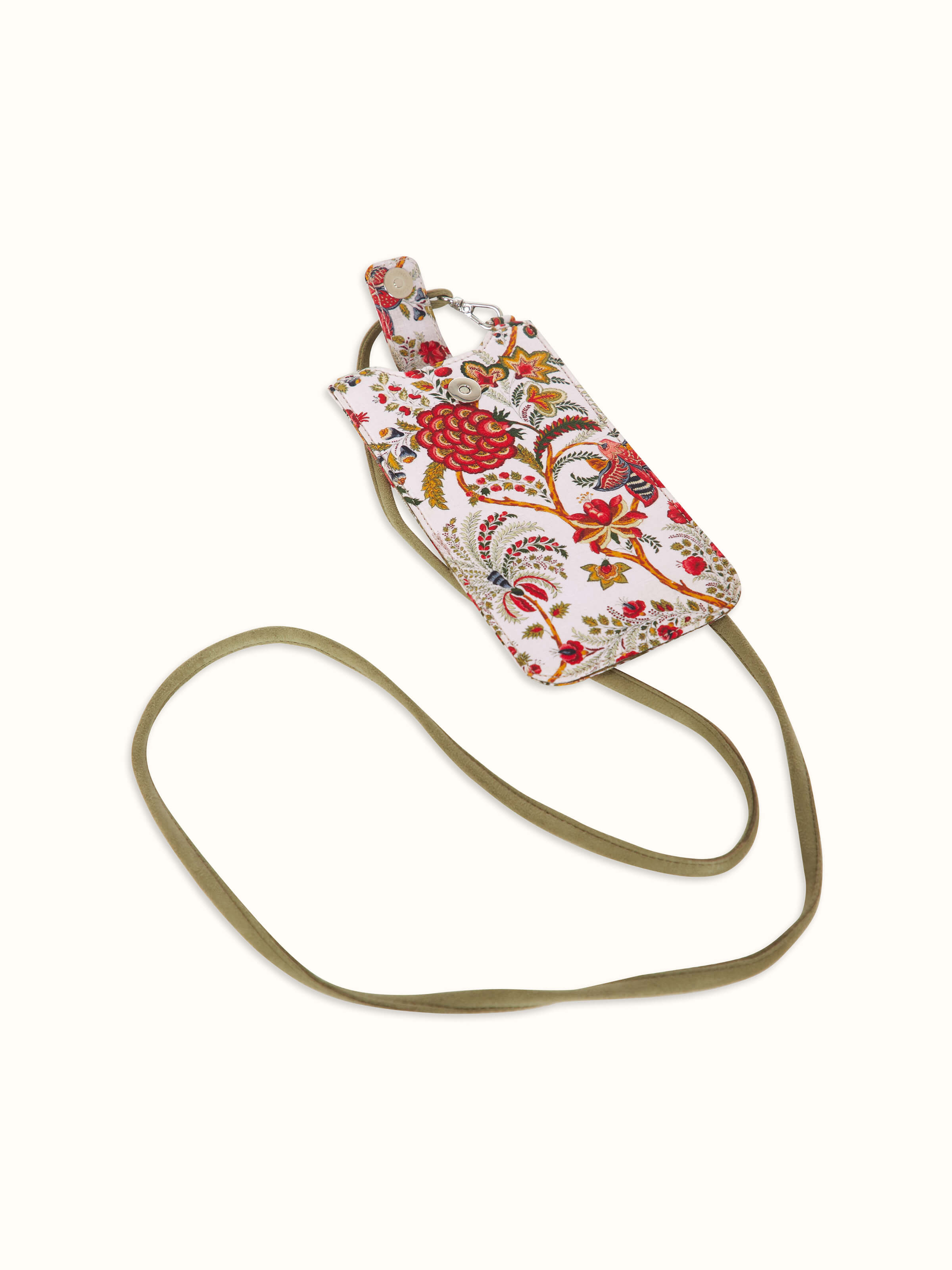 Detailed close-up of red leather mobile case, focusing on the stitching and design details.