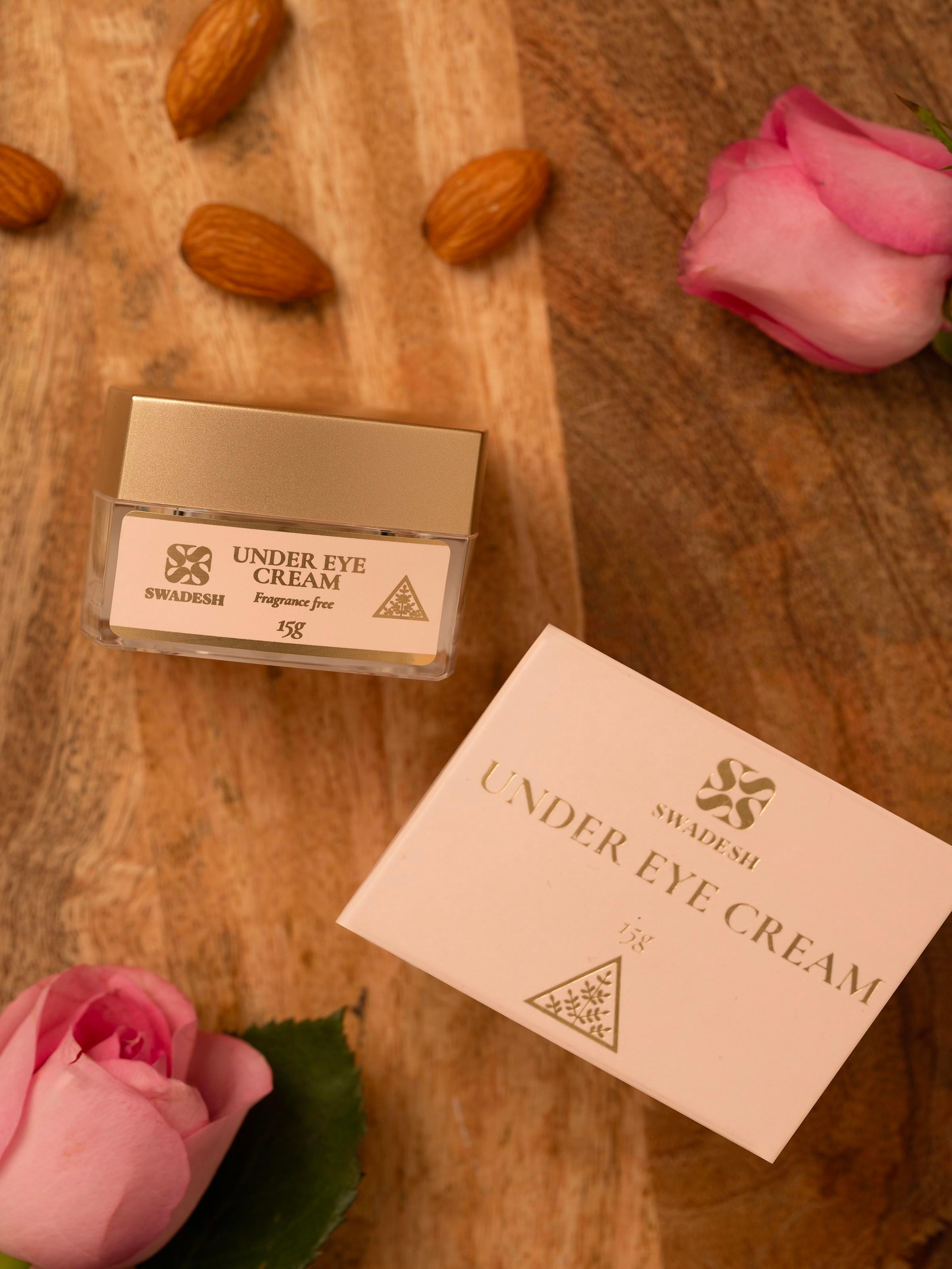 Close-up of Under Eye Cream jar, focusing on the detailed label and jar design.