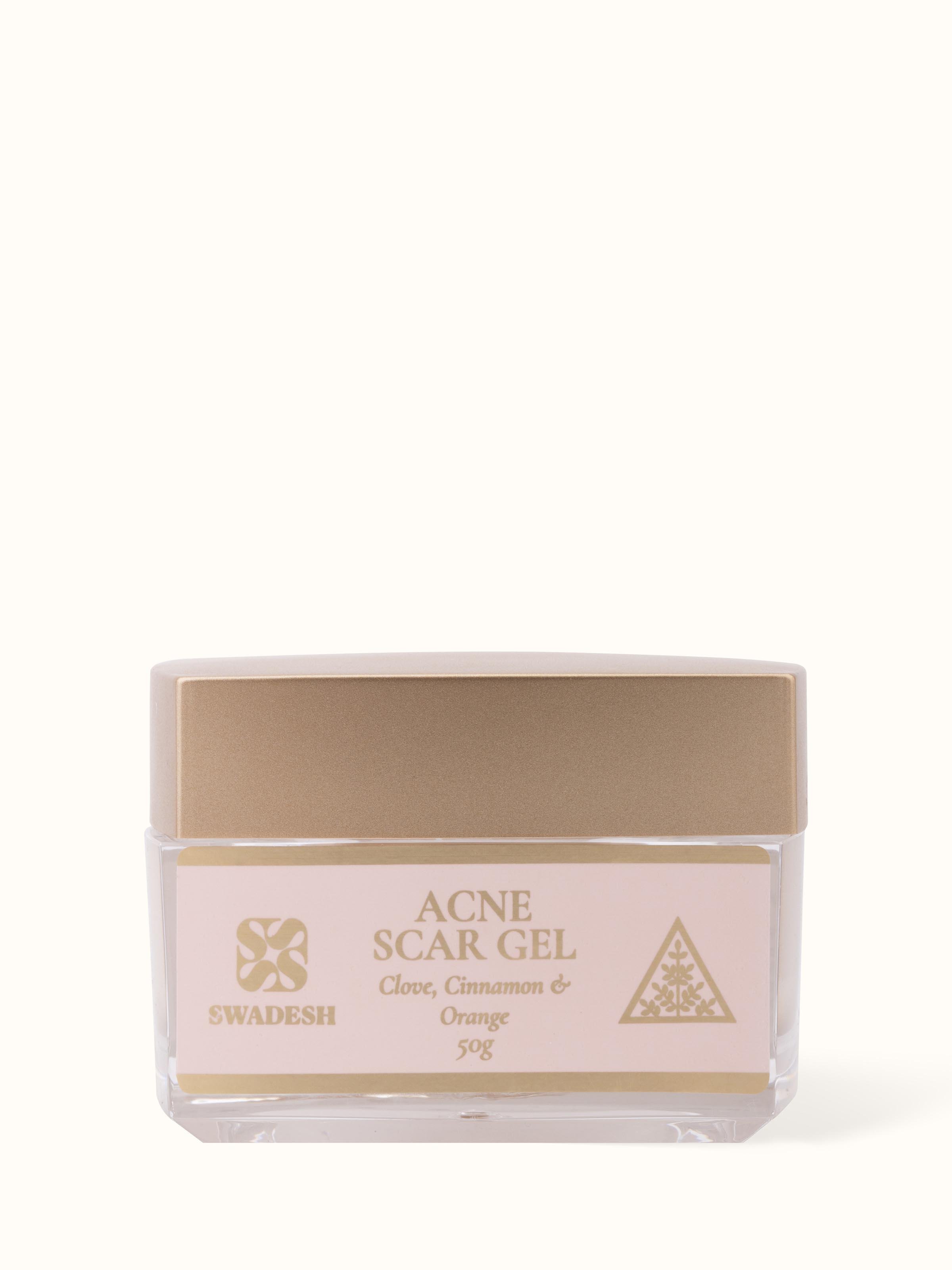 Front view of Acne Scar Gel Clove, Cinnamon & Orange showcasing the gel tube with clear labeling and design.