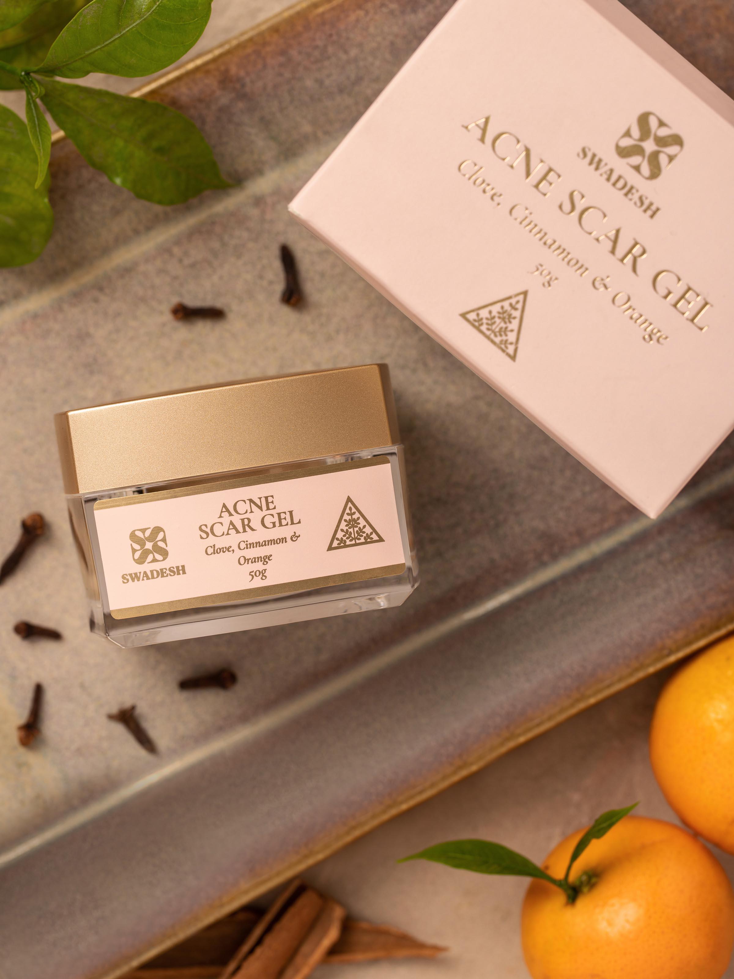Side view of Acne Scar Gel Clove, Cinnamon & Orange highlighting the product's label and packaging details.