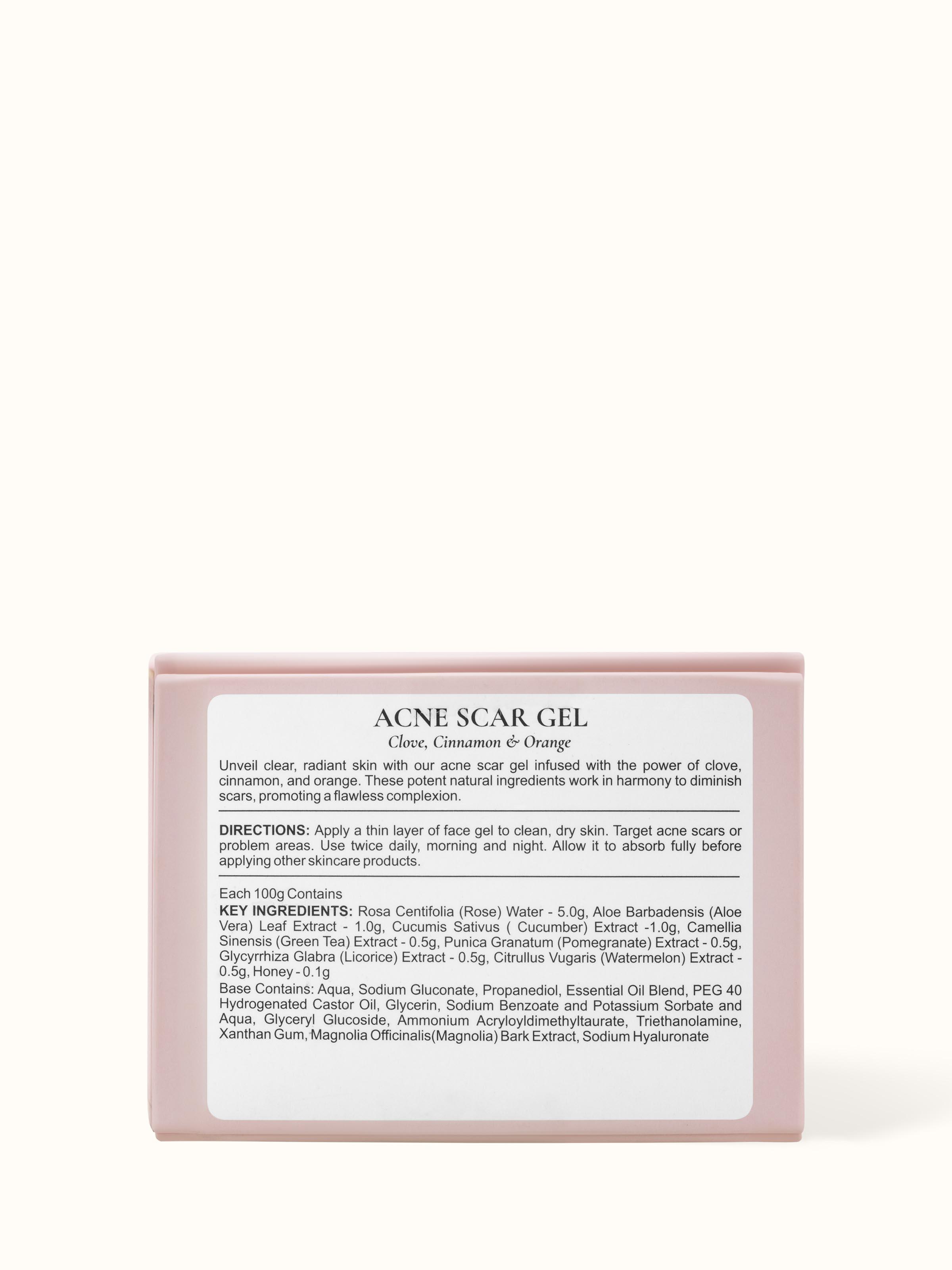 Back view of Acne Scar Gel Clove, Cinnamon & Orange displaying ingredient information and additional product details.