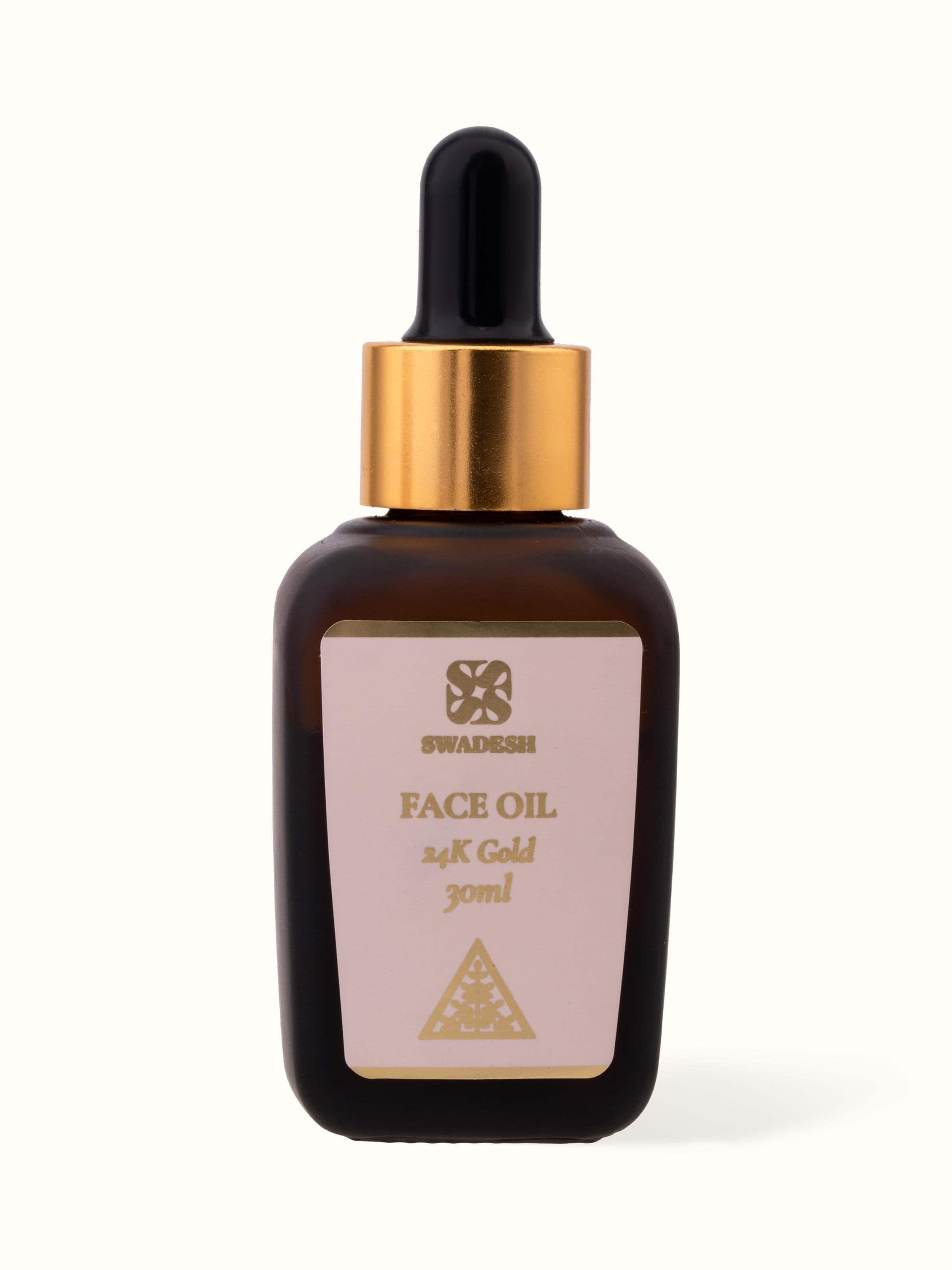 Front view of Face Oil 24K Gold showcasing its luxurious packaging and golden hue