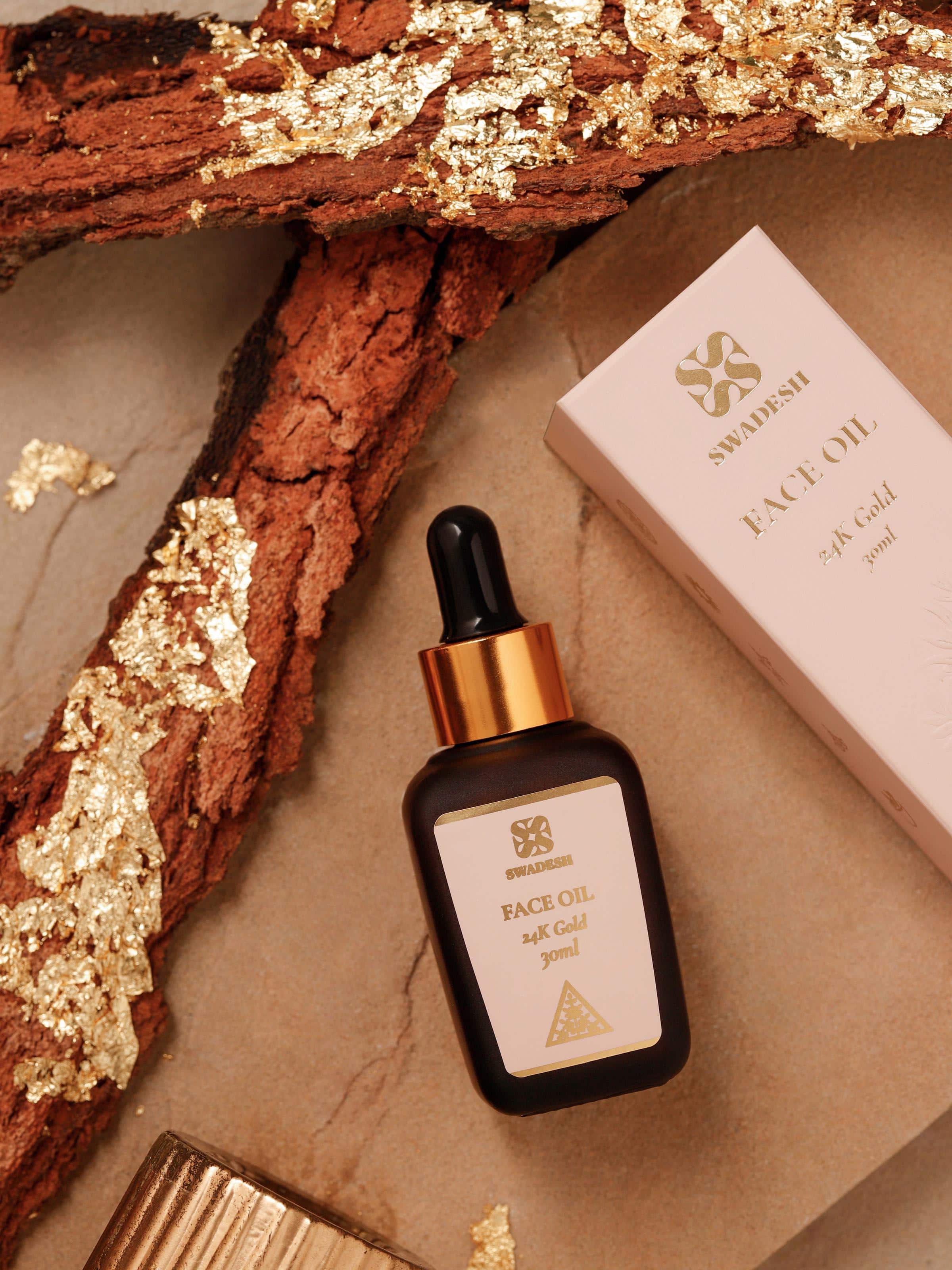 Side view of Face Oil 24K Gold highlighting the dropper design and elegant bottle shape