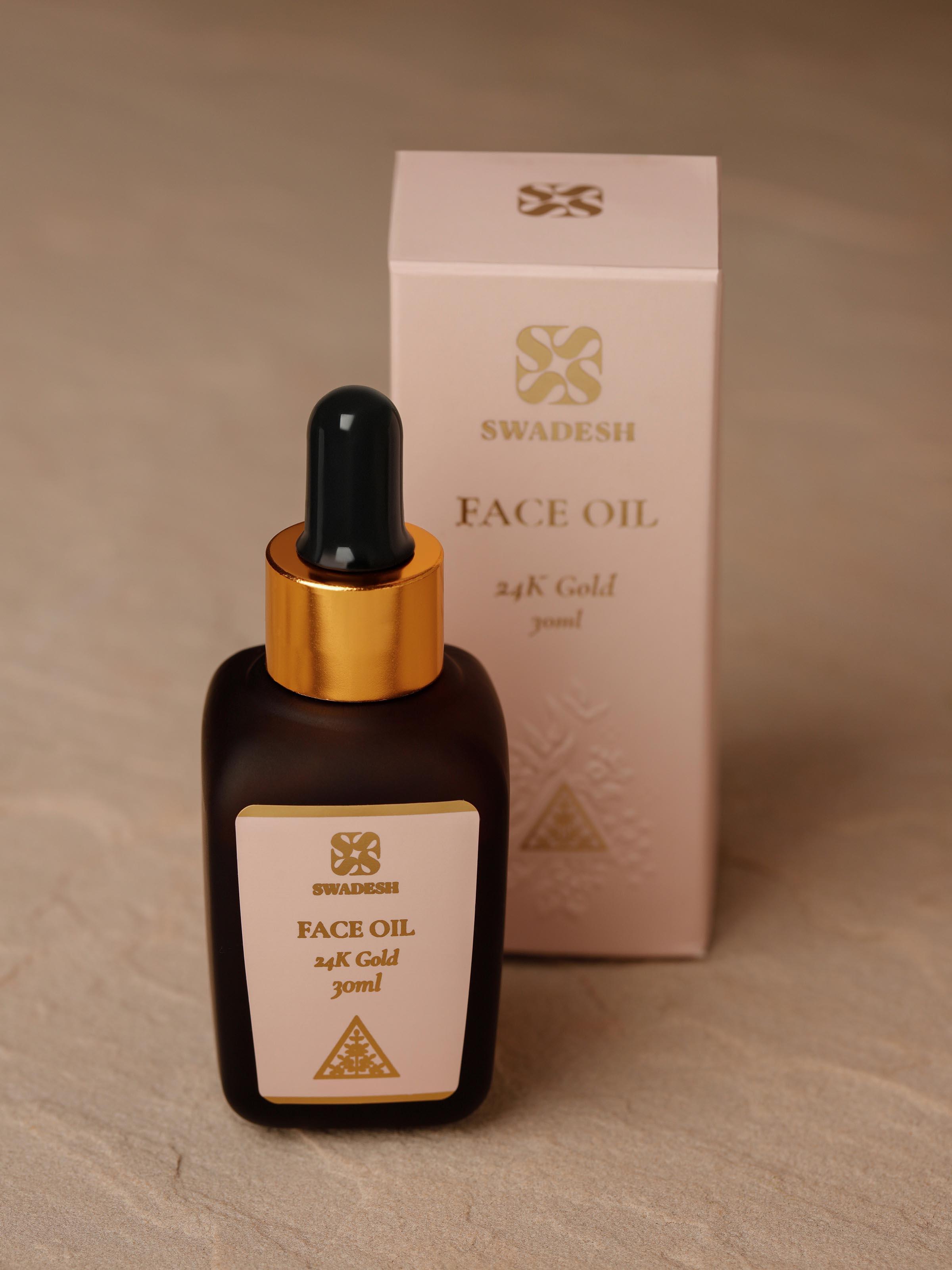 Close-up of Face Oil 24K Gold emphasizing the shimmering texture and luxury of the product