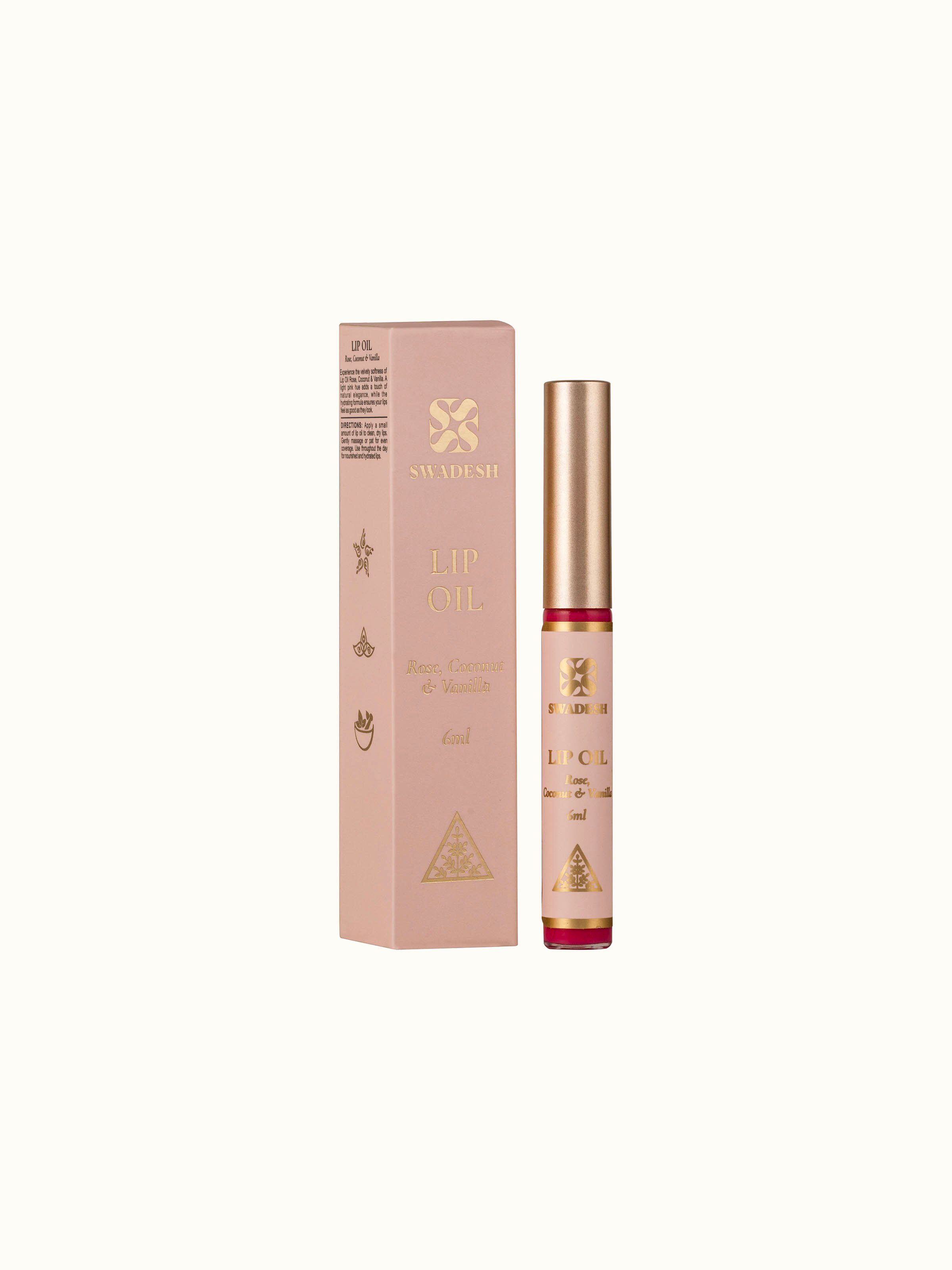 Close-up of Lip Oil Rose, Coconut & Vanilla emphasizing the richness of the oil and natural ingredients