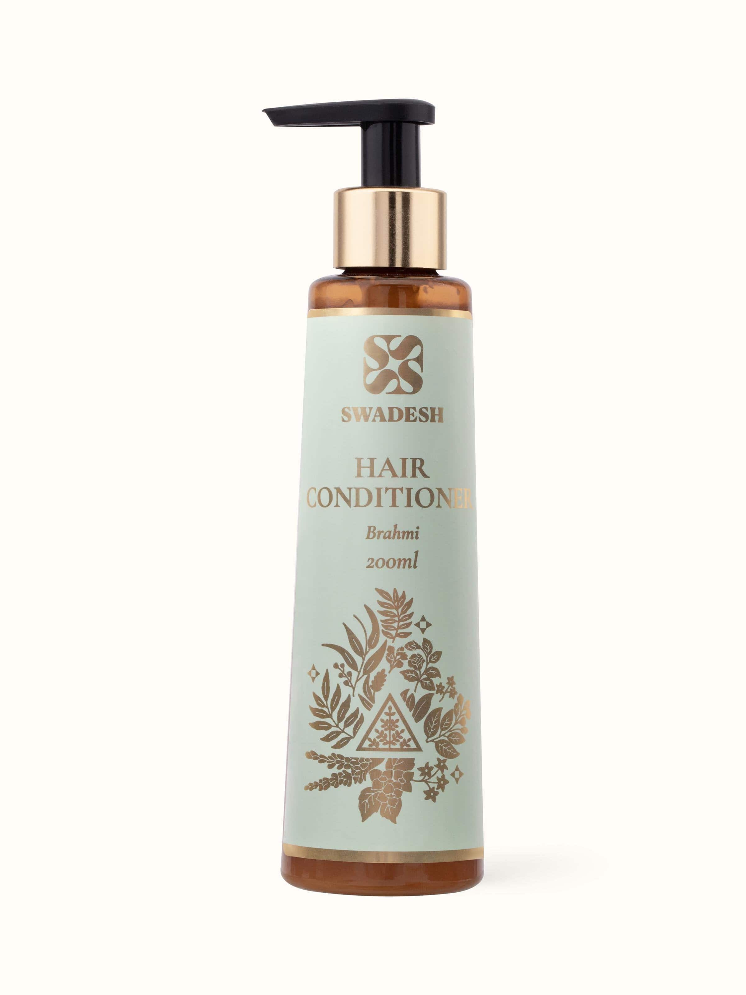 Front view of Hair Conditioner Brahmi featuring a sleek bottle design with natural ingredient imagery