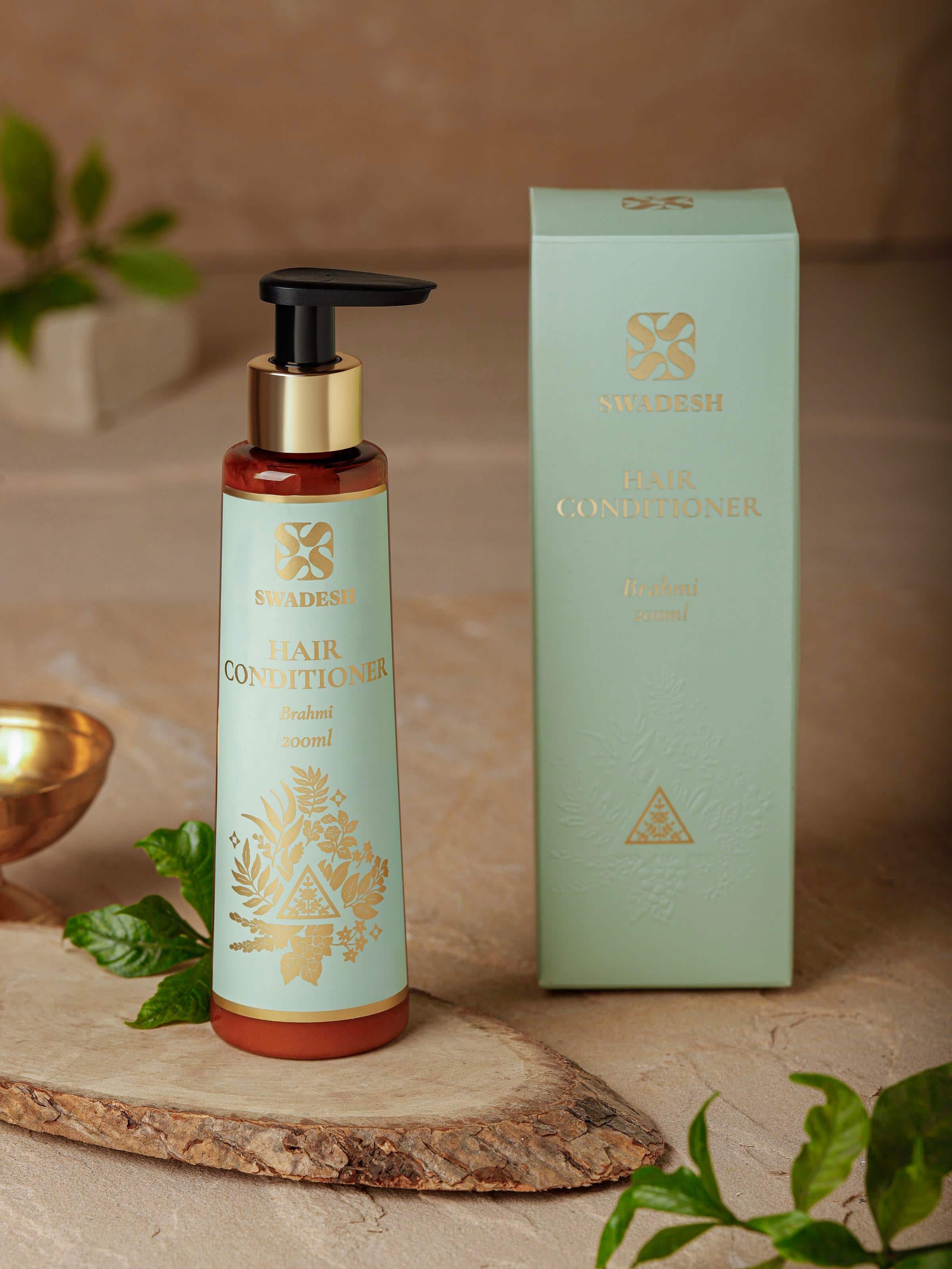 Side view of Hair Conditioner Brahmi highlighting product label and moisturizing benefits