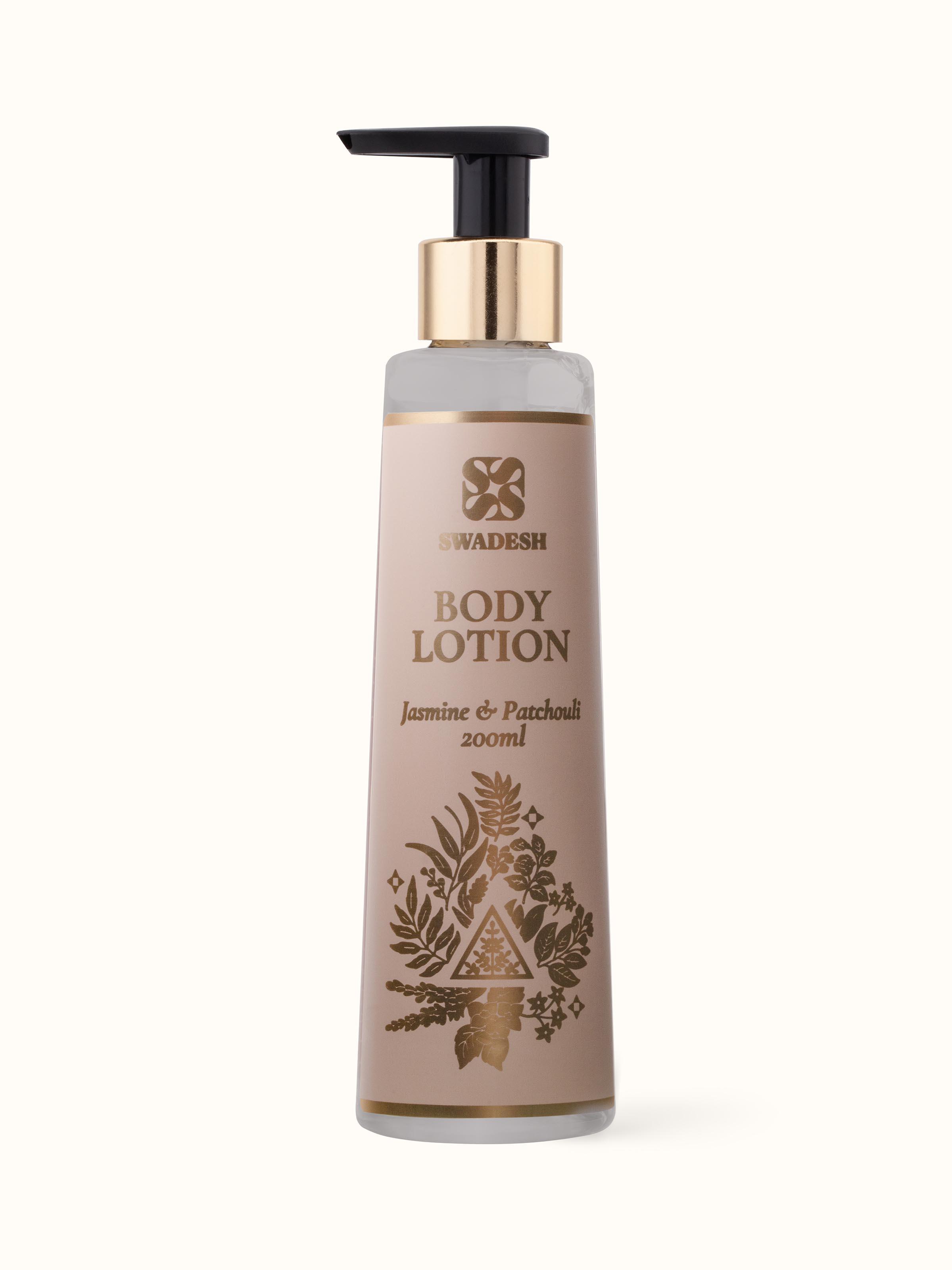 Front view of Body Lotion Jasmine & Patchouli displaying the bottle's design with a clear, elegant label.