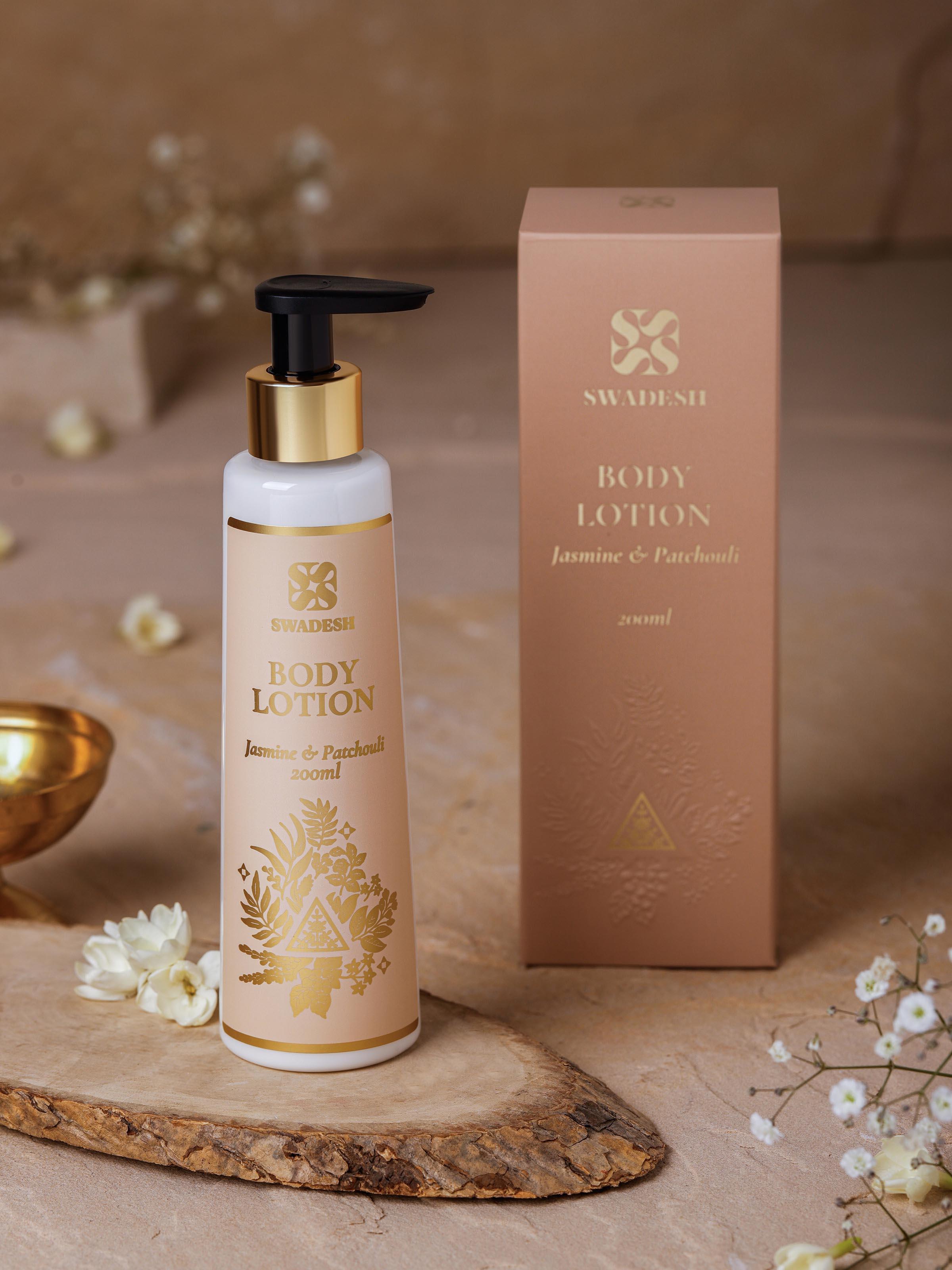 Side view of Body Lotion Jasmine & Patchouli highlighting the detailed product label and lotion consistency.