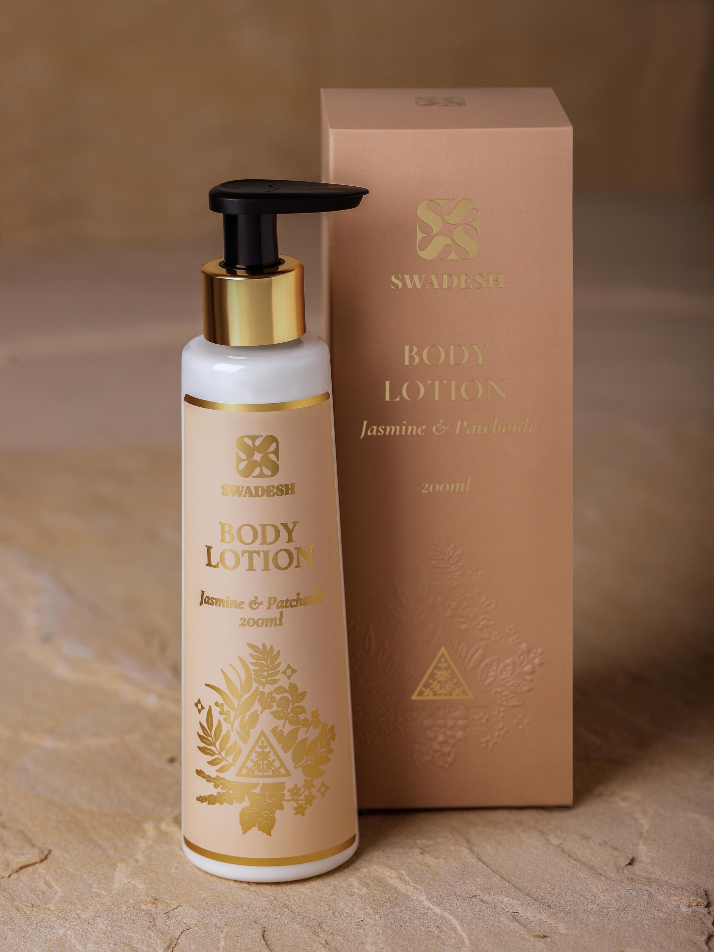 Close-up of Body Lotion Jasmine & Patchouli focusing on the lotion's texture and the pump mechanism.