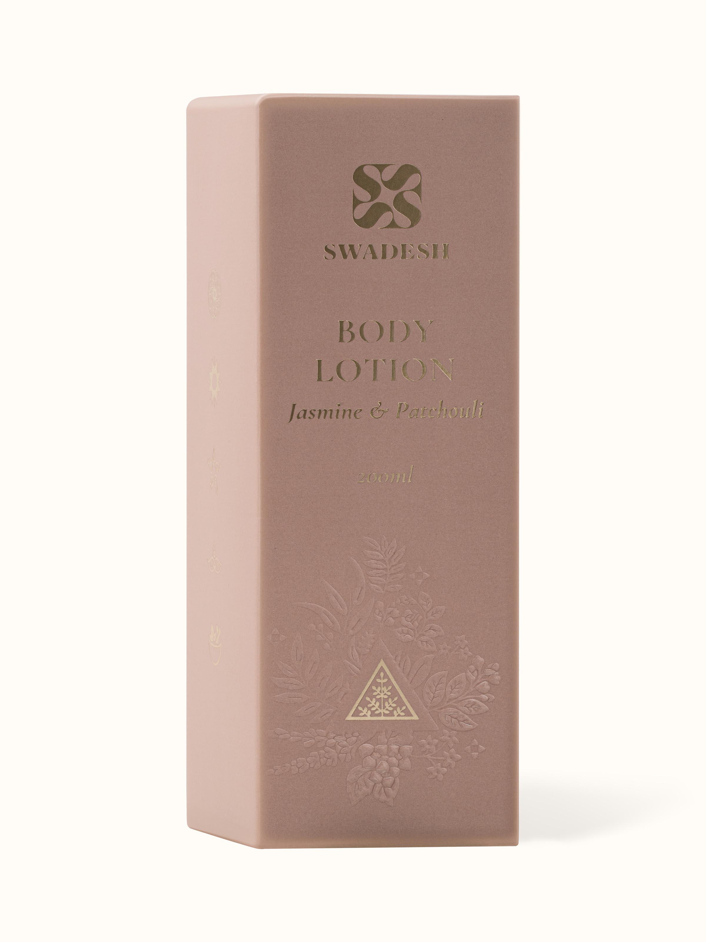 Back view of Body Lotion Jasmine & Patchouli displaying the product's ingredient list and additional details.