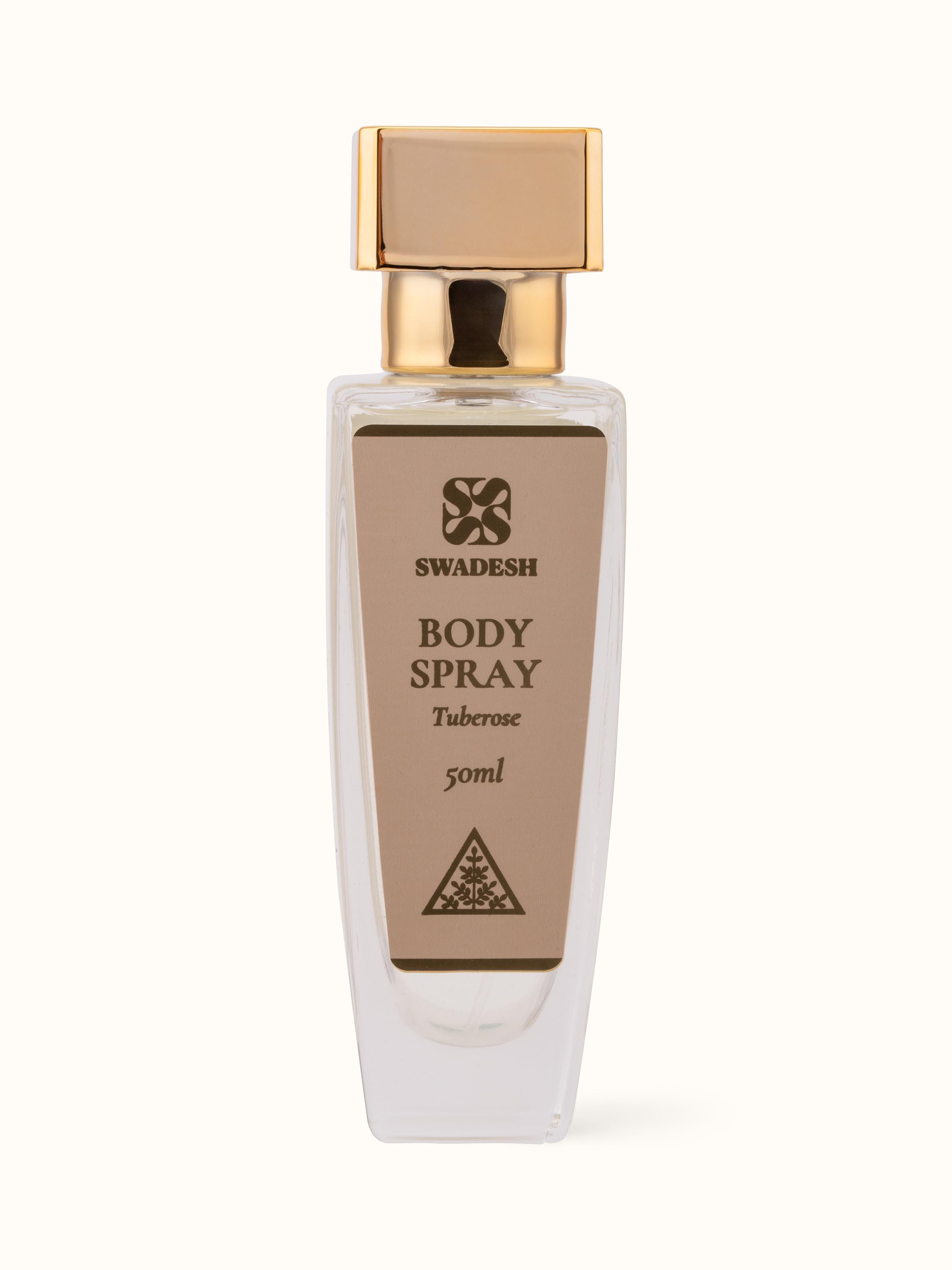 Body Spray Tuberose with the bottle prominently displayed, emphasizing its elegant design.