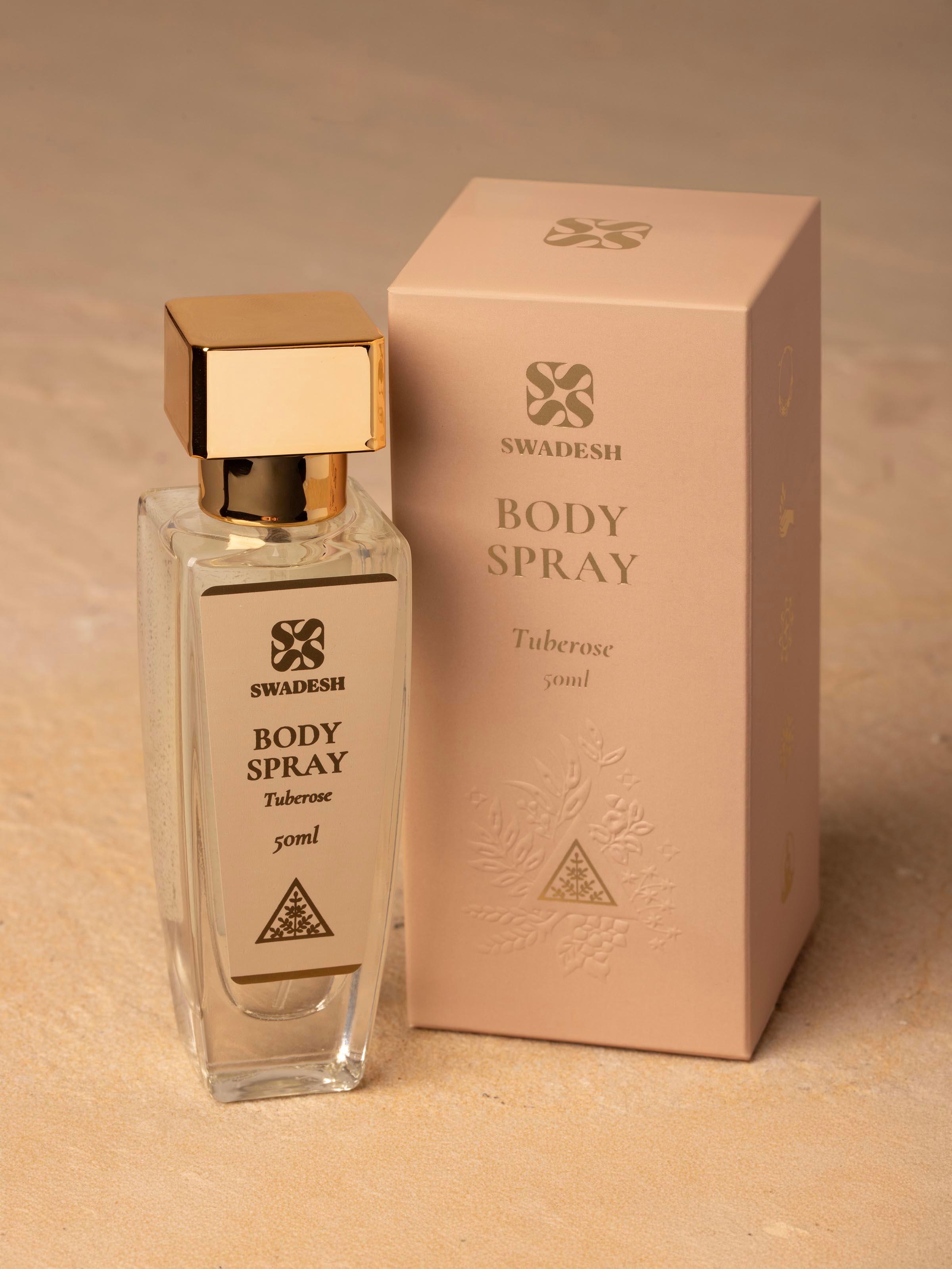 Side view of Body Spray Tuberose bottle showing the label and spray nozzle.
