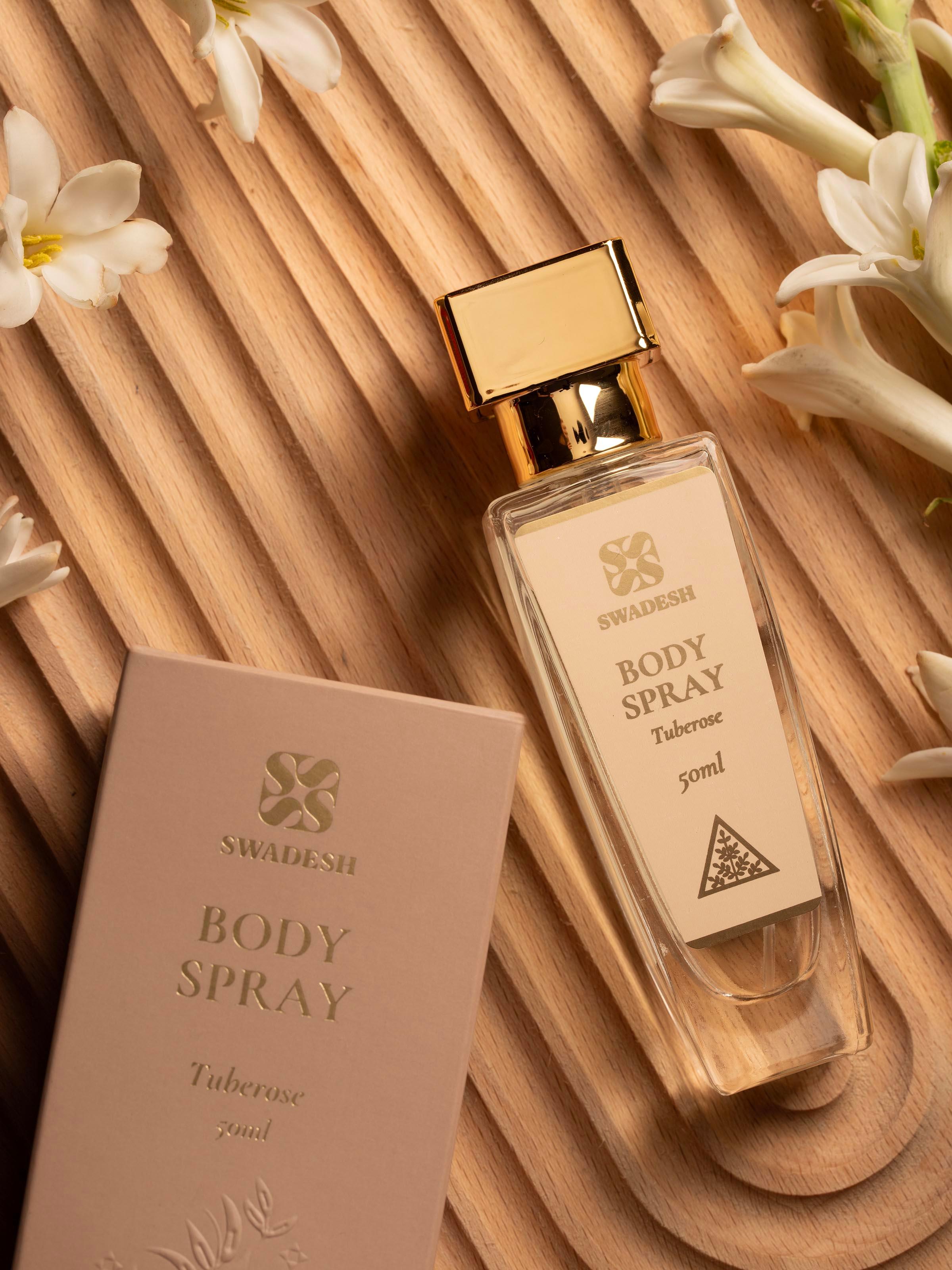 Close-up of the Body Spray Tuberose bottle highlighting the floral label design.