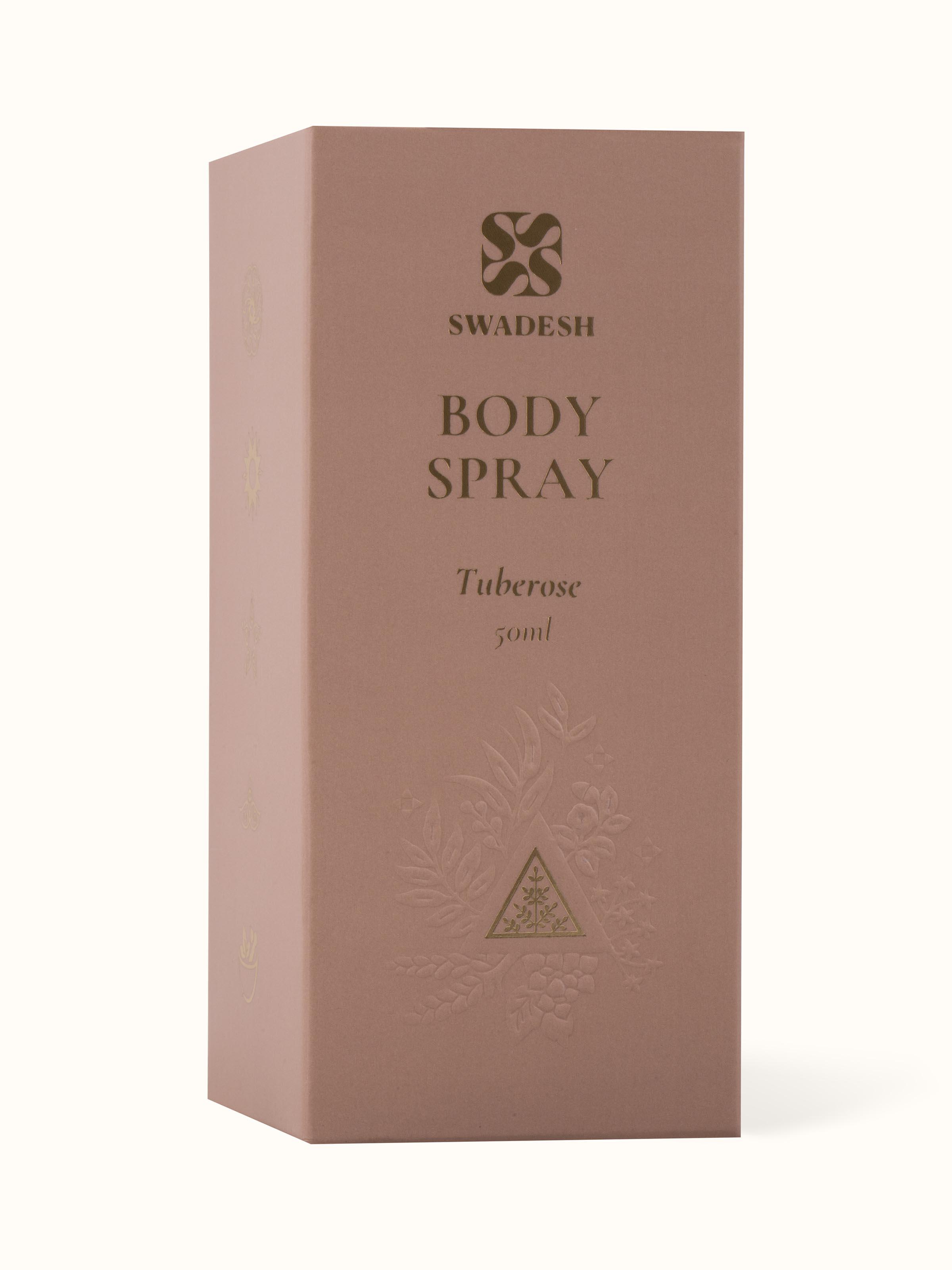 Body Spray Tuberose displayed on a surface, showing its compact and stylish packaging.