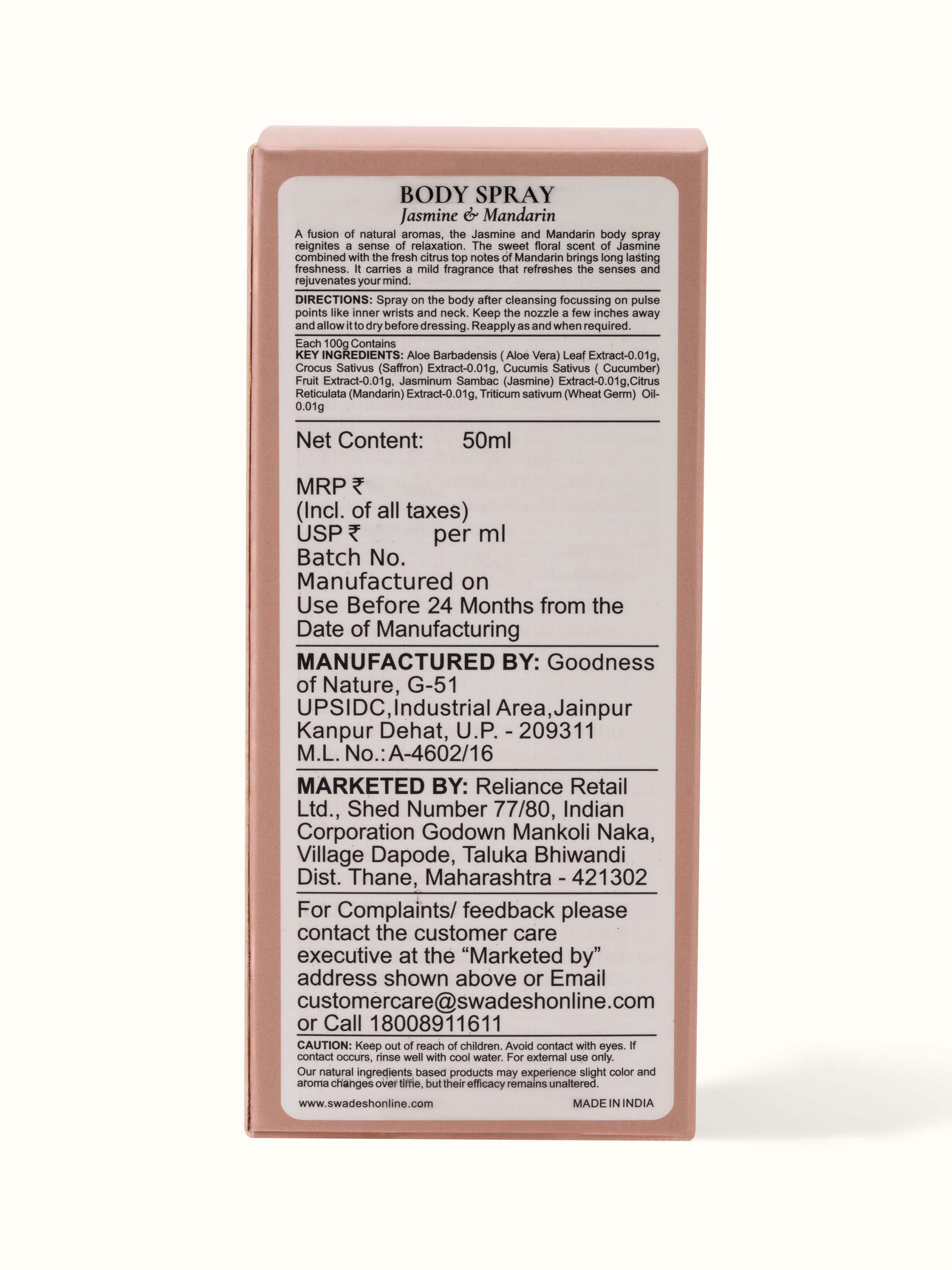 Side view of Swadesh Body Spray with Jasmine & Mandarin, showcasing the fresh and invigorating fragrance for all-day freshness.