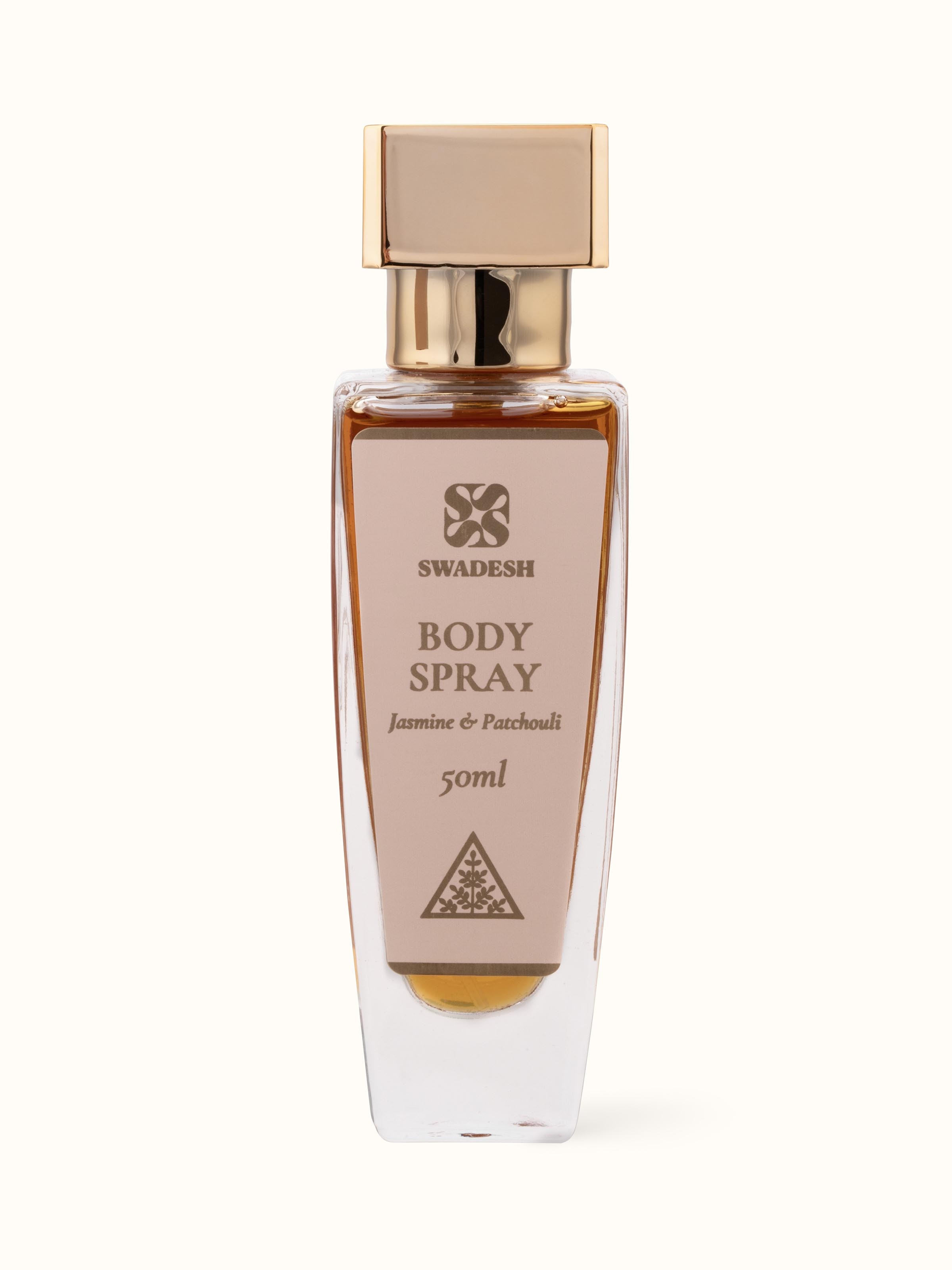 Front view of Body Spray Jasmine & Patchouli showcasing the sleek spray bottle with elegant floral design.