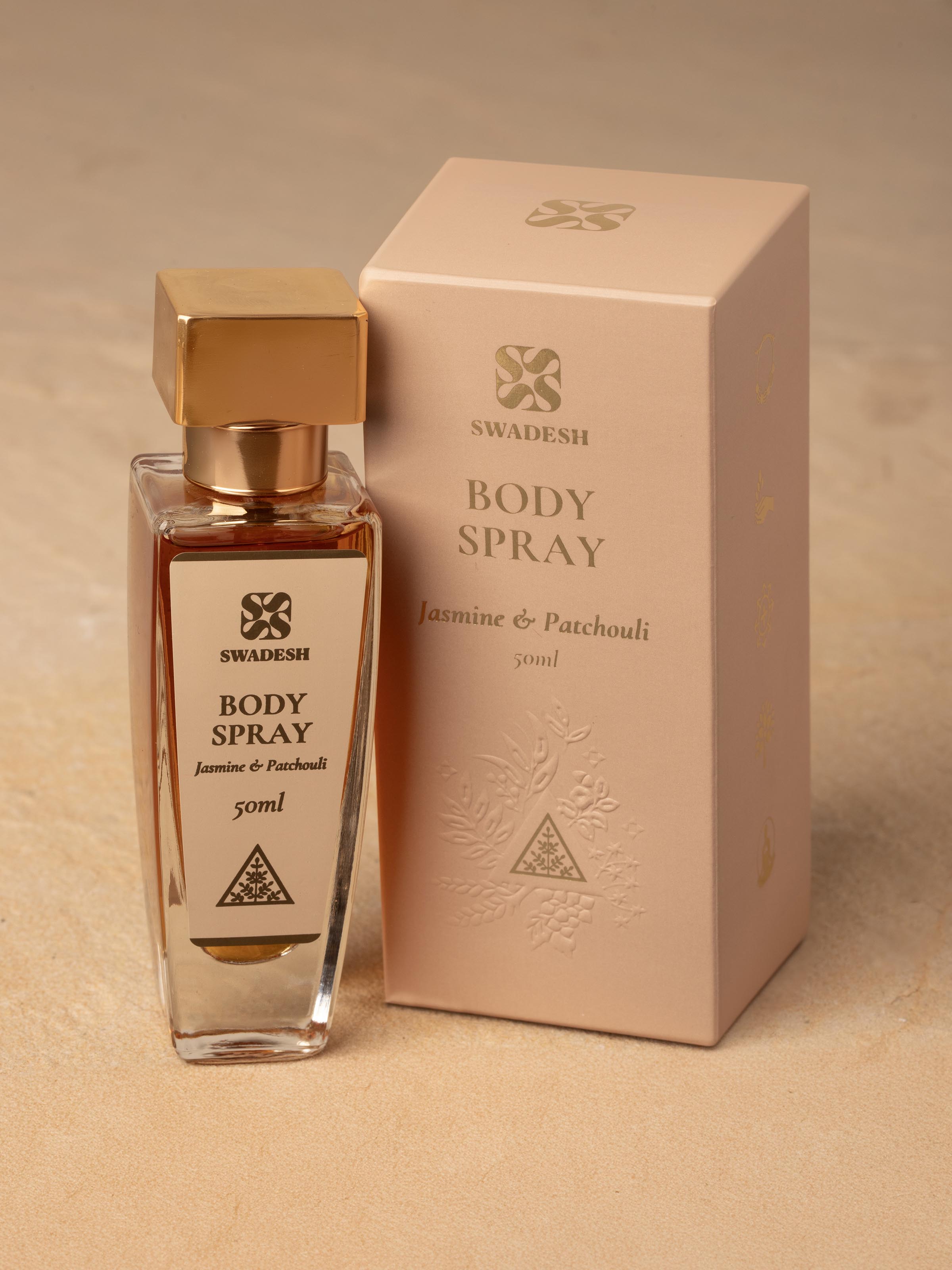 Side view of Body Spray Jasmine & Patchouli highlighting the spray nozzle and label details on the bottle.