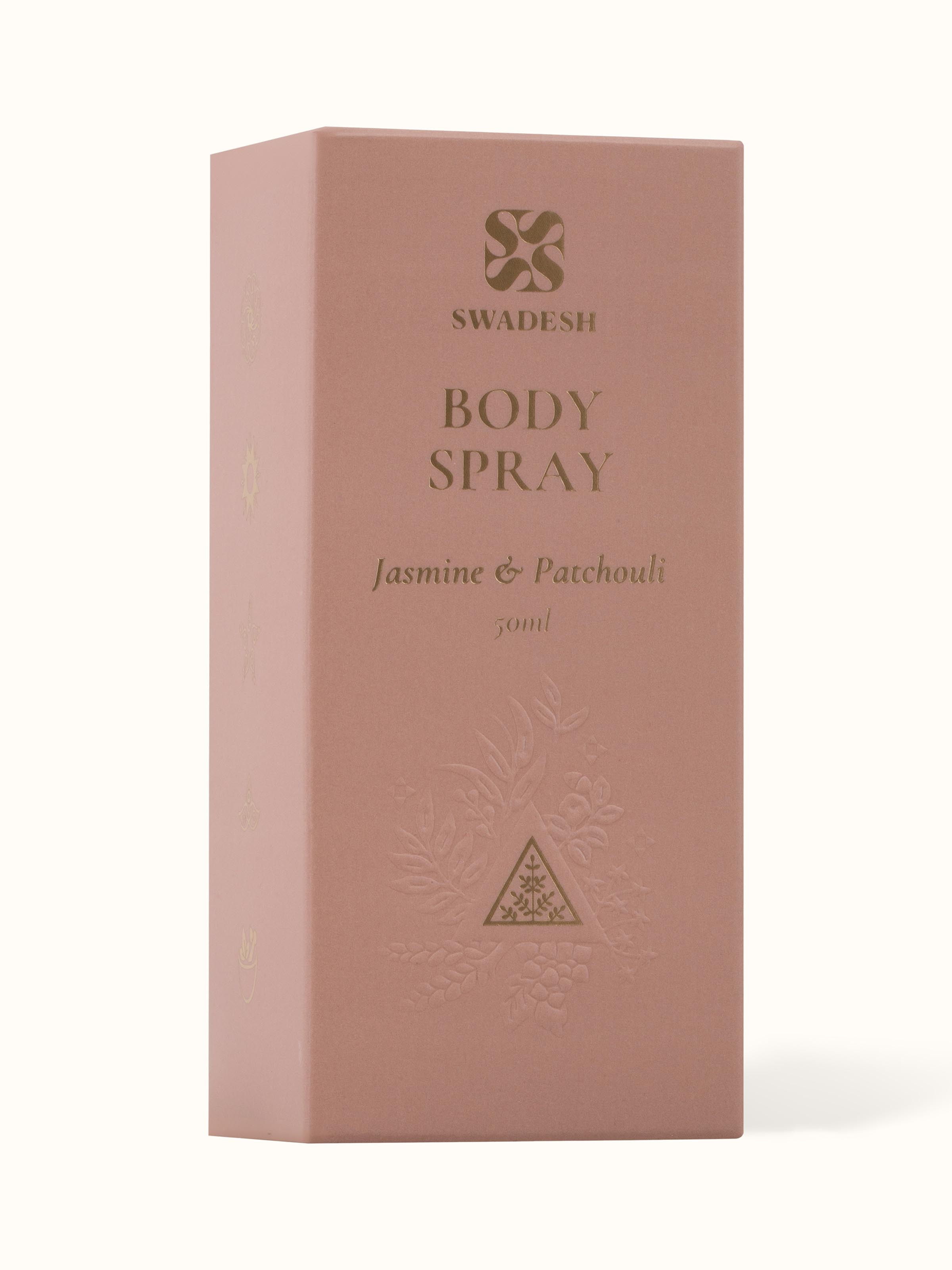 Back view of Body Spray Jasmine & Patchouli showing the product label and ingredients information on the bottle.