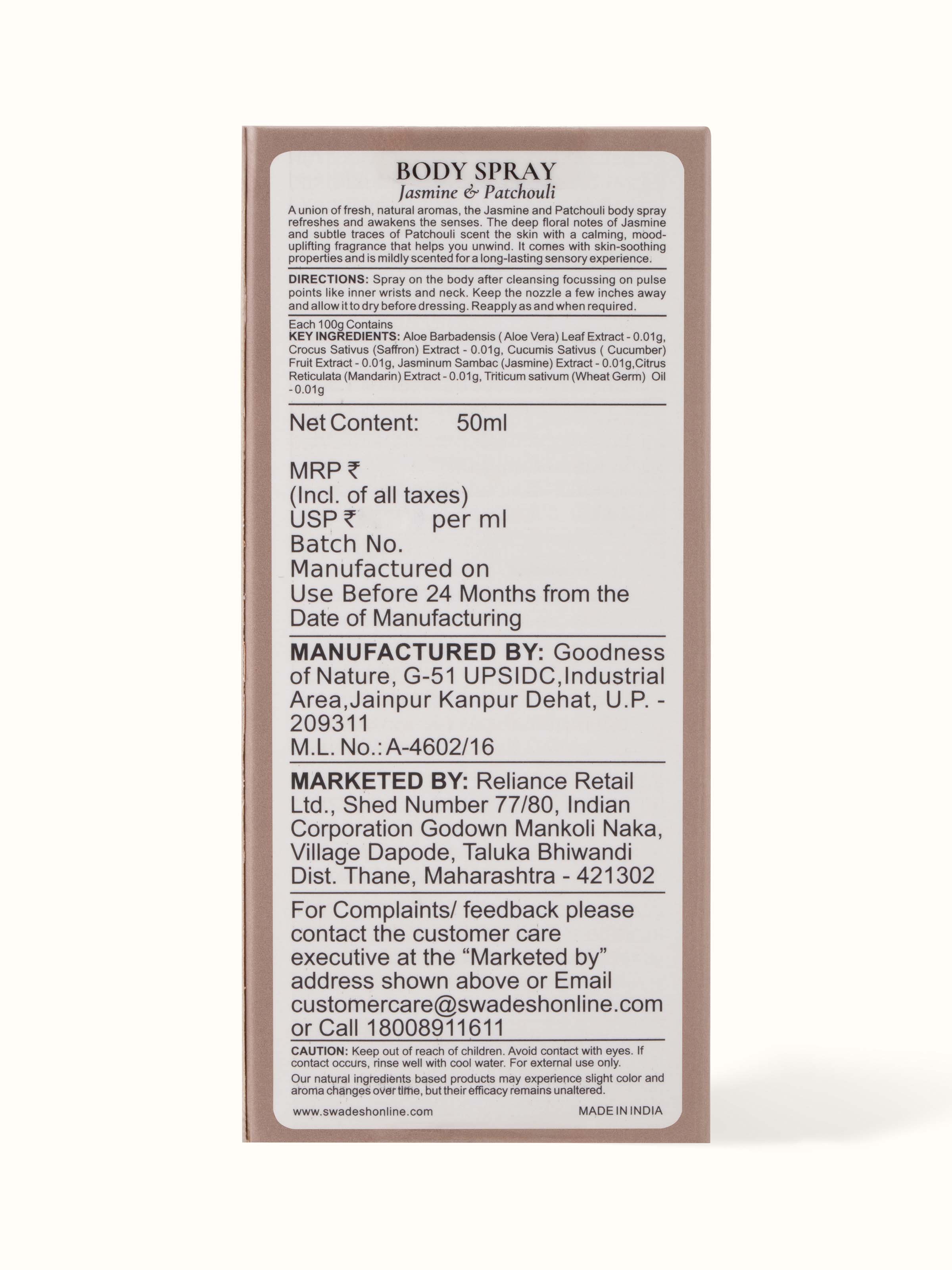 Close-up view of Body Spray Jasmine & Patchouli emphasizing its long-lasting fragrance and premium design