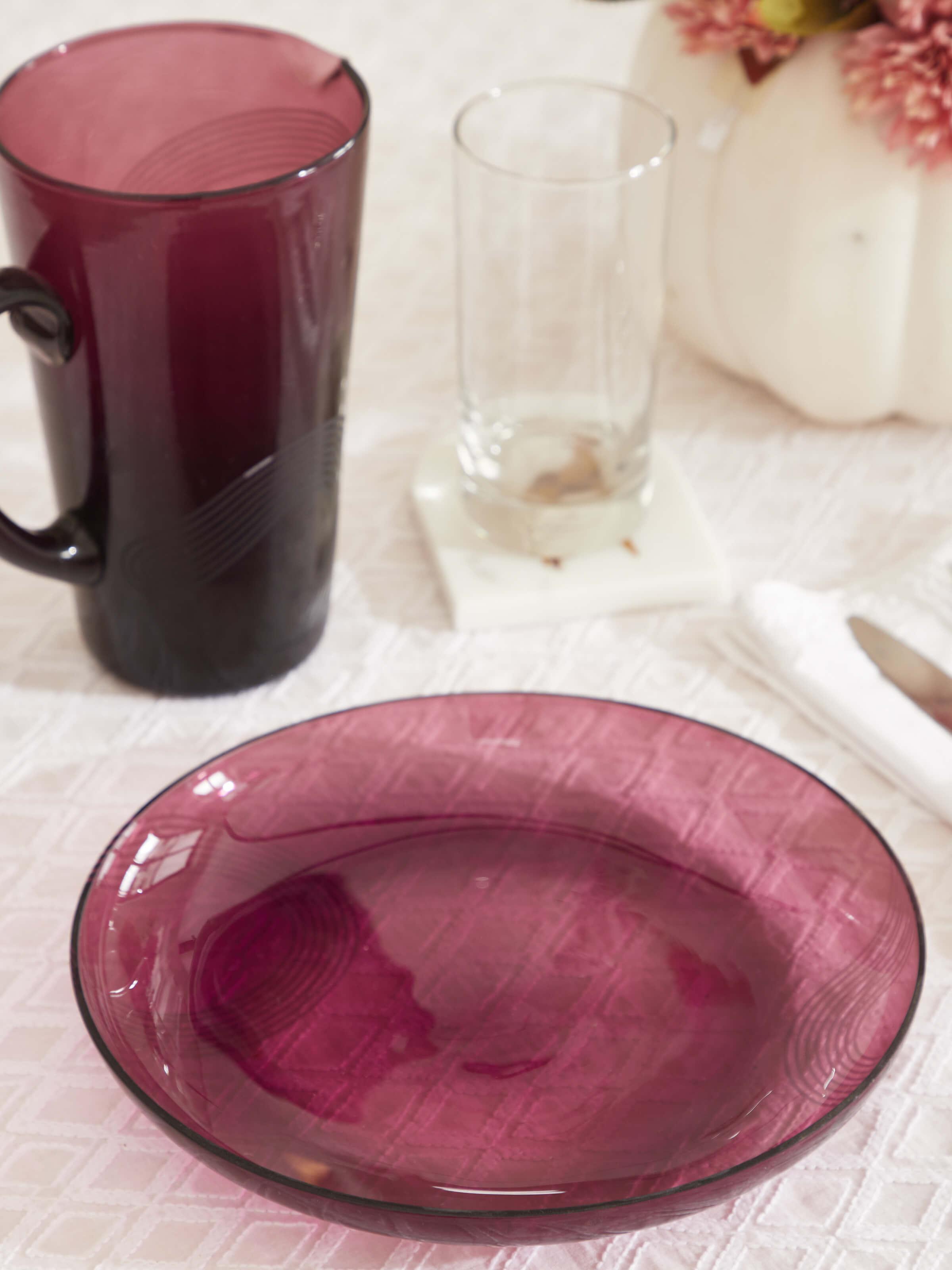 Side view of Firozabadi Glass Dinner Plate (Purple) showing its shape.