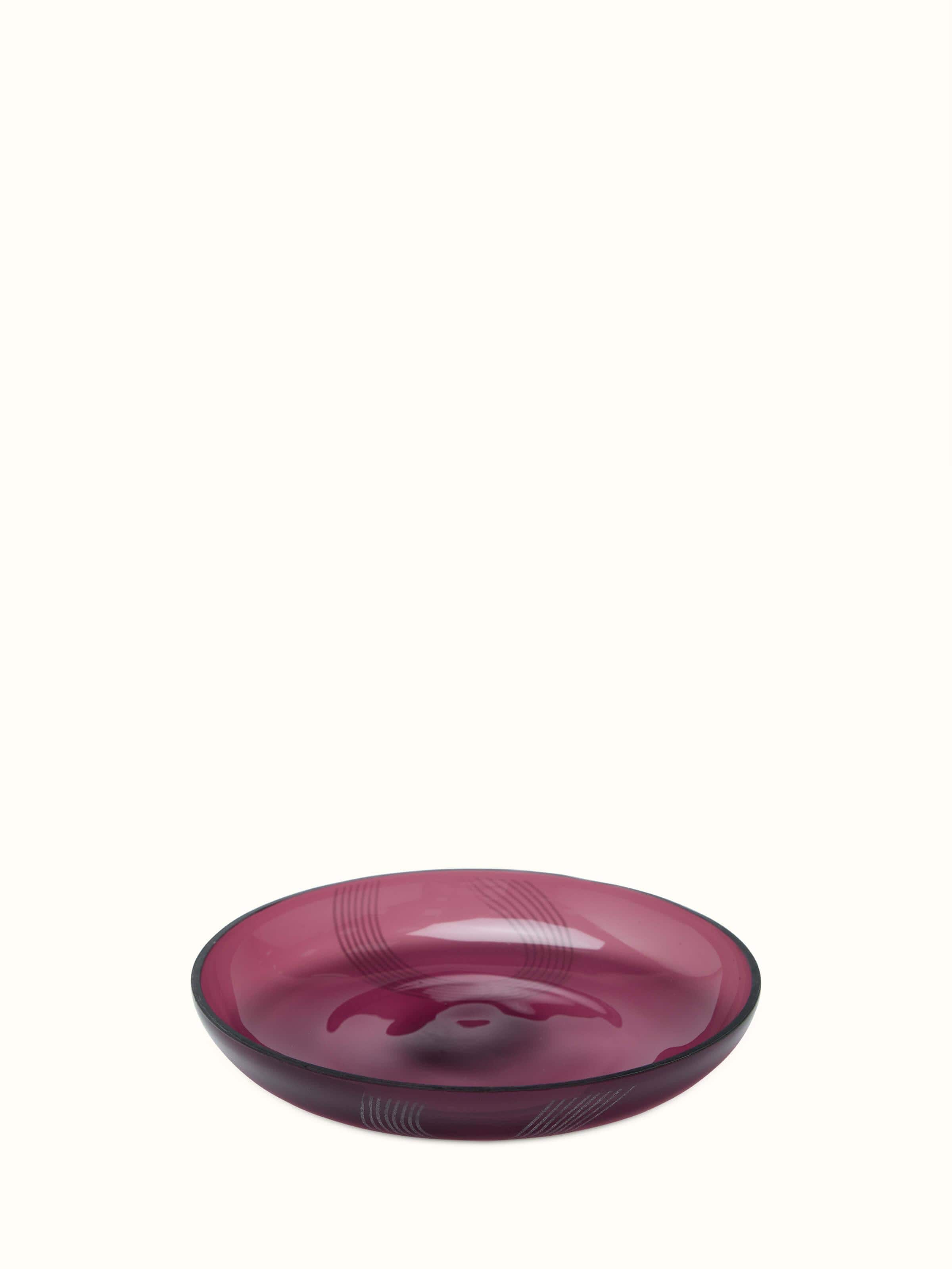 Front view of Firozabadi glass salad plate in purple, highlighting its vibrant color and elegant glasswork.