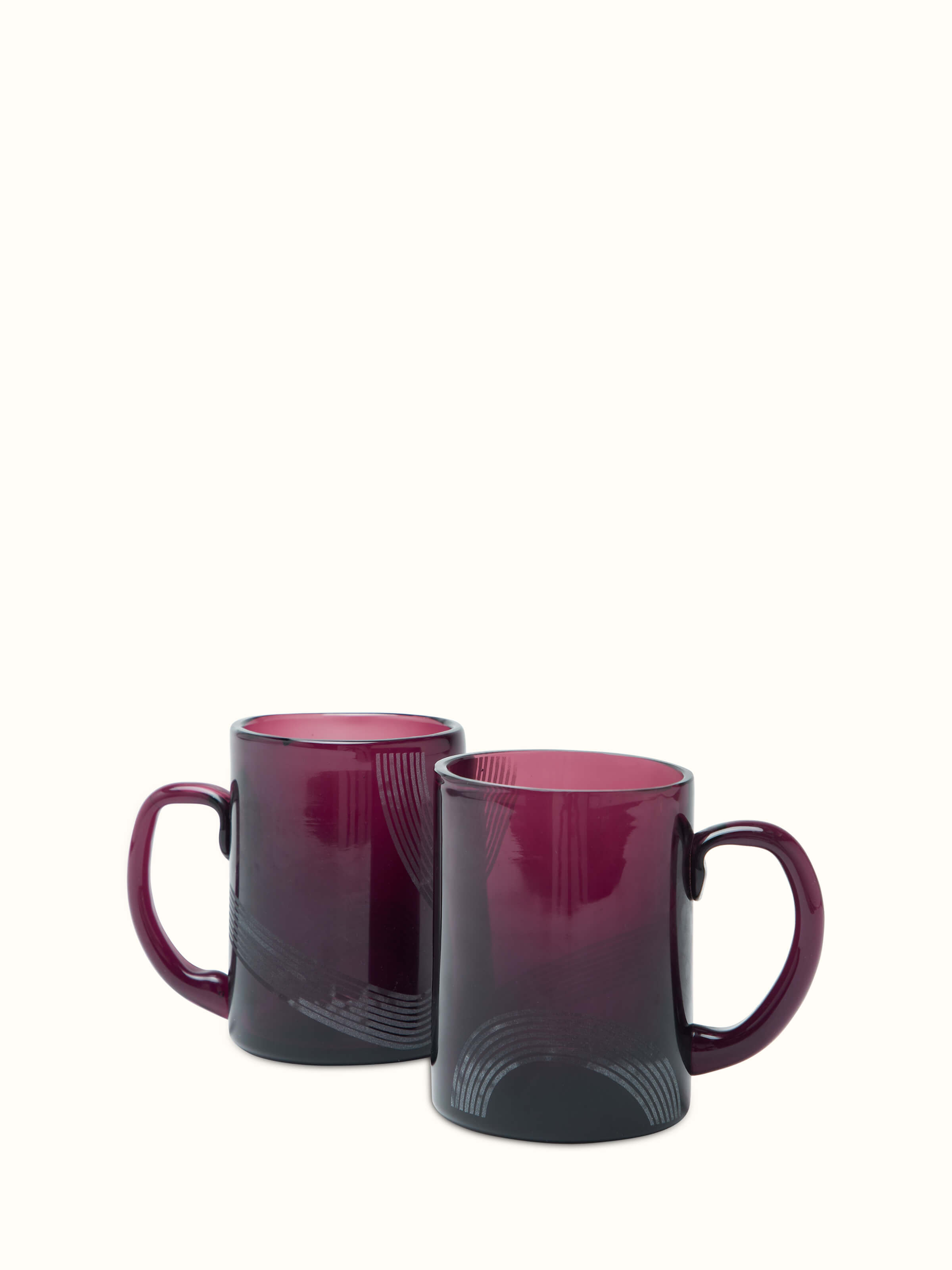 Front view of Firozabadi Glass Coffee Mugs in magenta, showing two mugs with elegant glasswork.