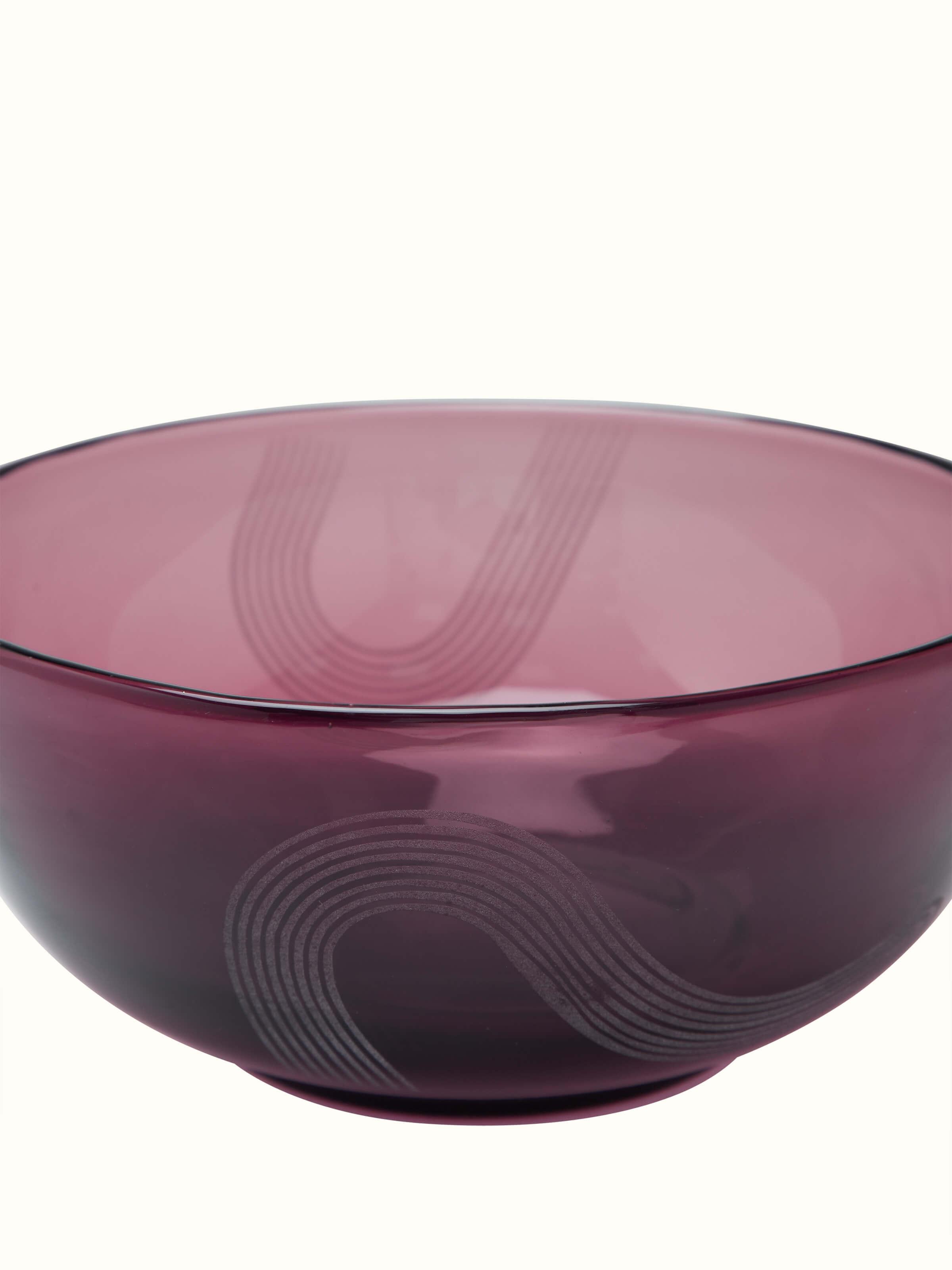 Full view of Firozabadi glass serving bowl purple large, emphasizing its luxurious color and design.