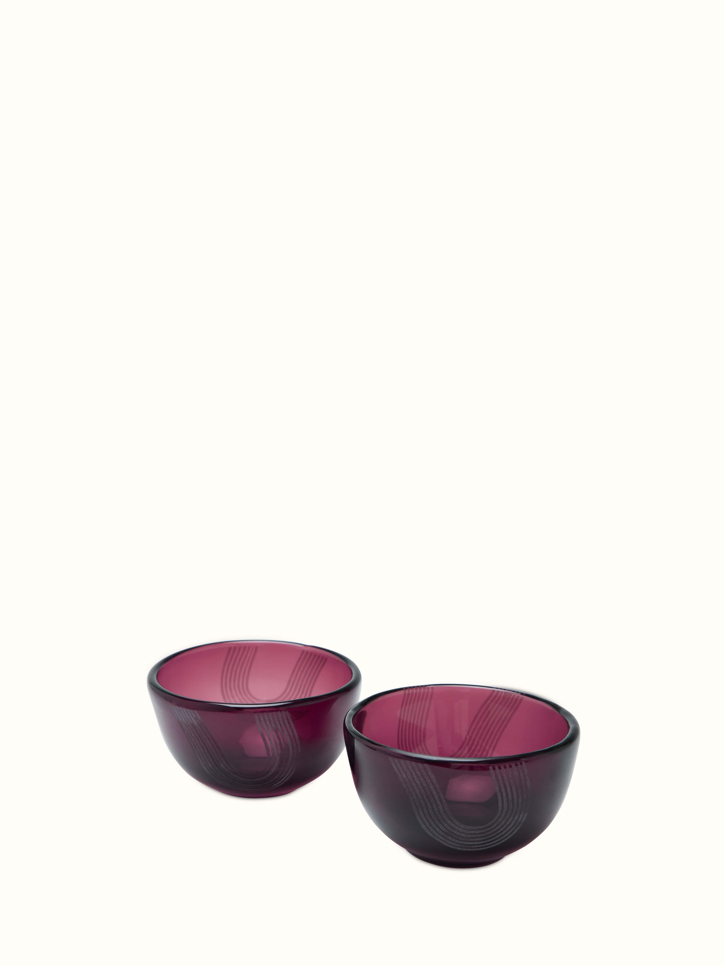 Front view of Firozabadi glass nut bowls in purple, set of 2, highlighting the elegant design