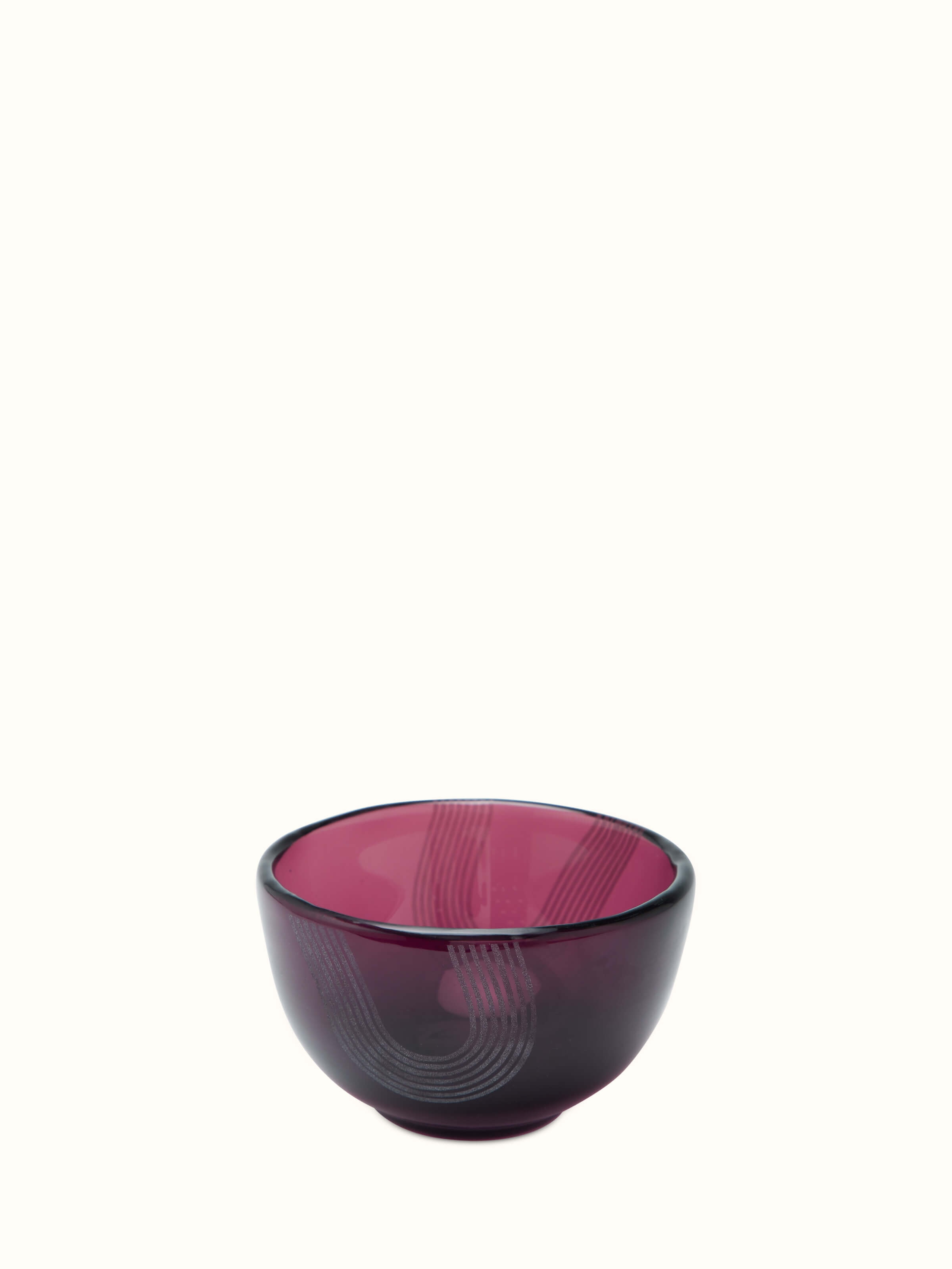 Side view of Firozabadi glass nut bowls in purple, set of 2, emphasizing the delicate craftsmanship