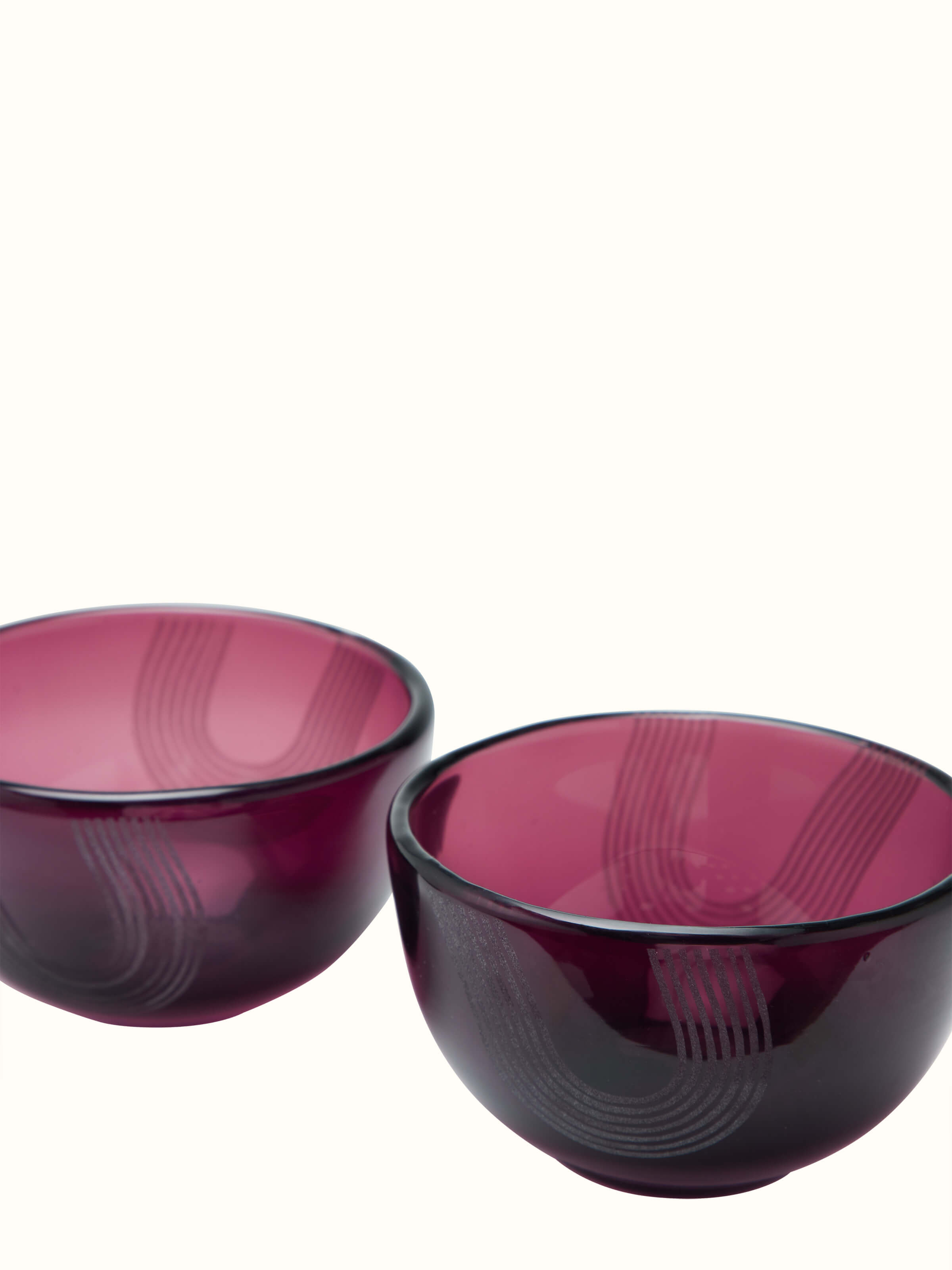 Detailed view of Firozabadi glass nut bowls in purple, set of 2, highlighting the intricate details