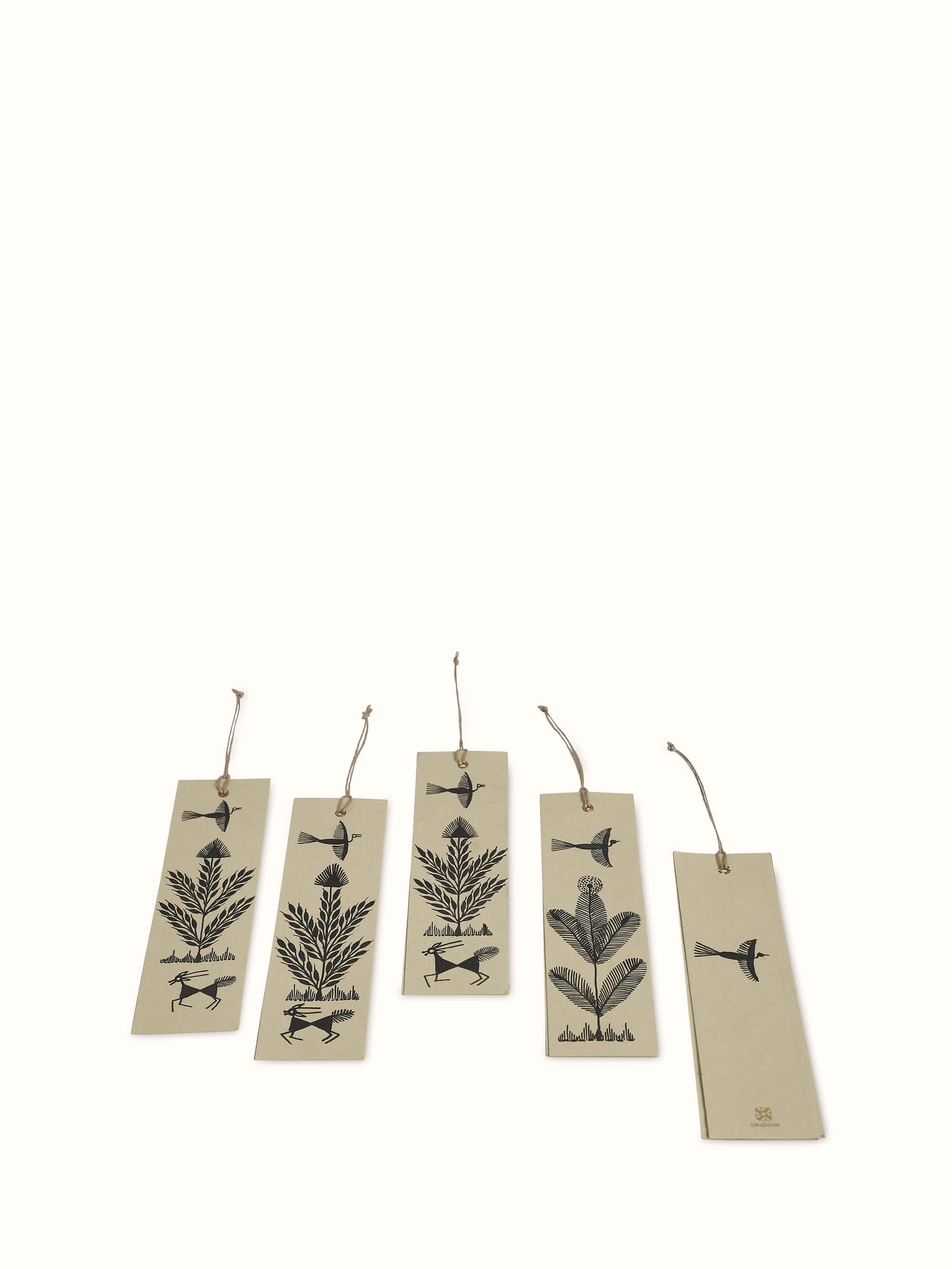 Front view of Warli painted paper bookmarks in brown (2 pcs) showcasing intricate traditional designs.