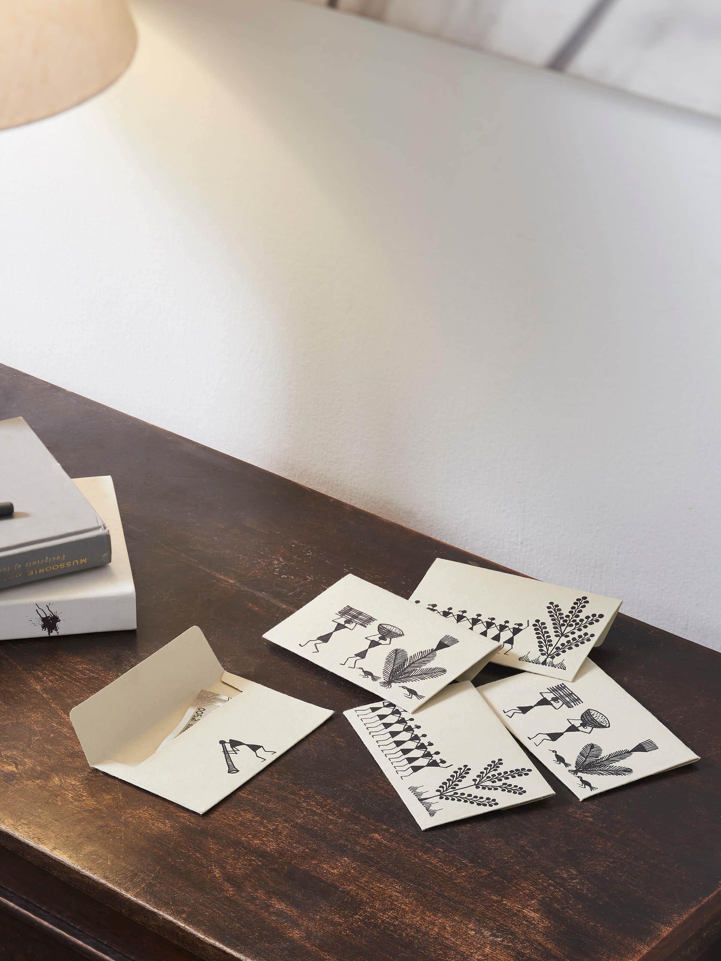 Close-up of Warli Painted Paper Envelopes (2 pcs) emphasizing intricate artwork