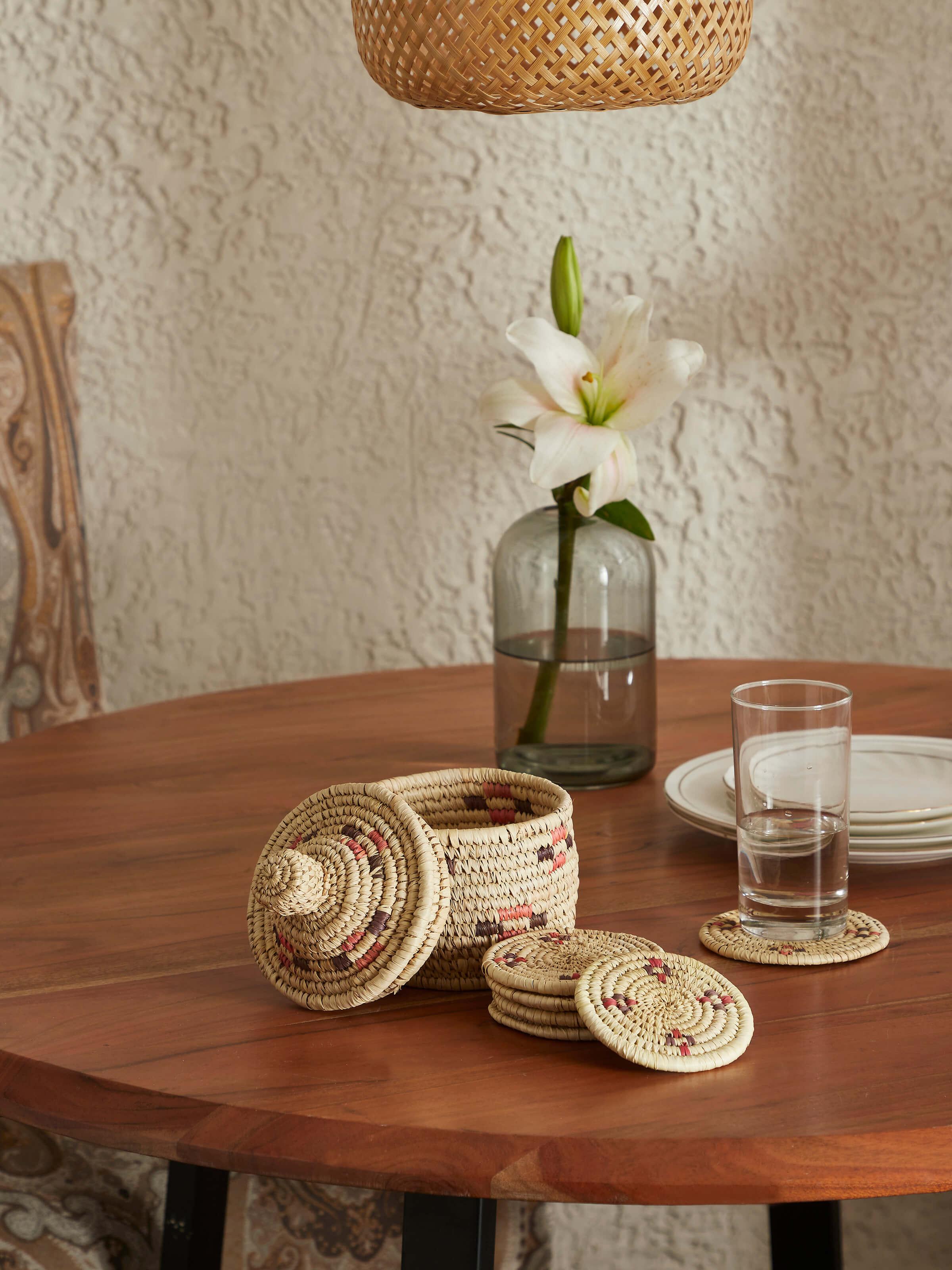 Side view of Kanshi Natural Fibre Coaster & Basket Set (2 pcs) highlighting craftsmanship